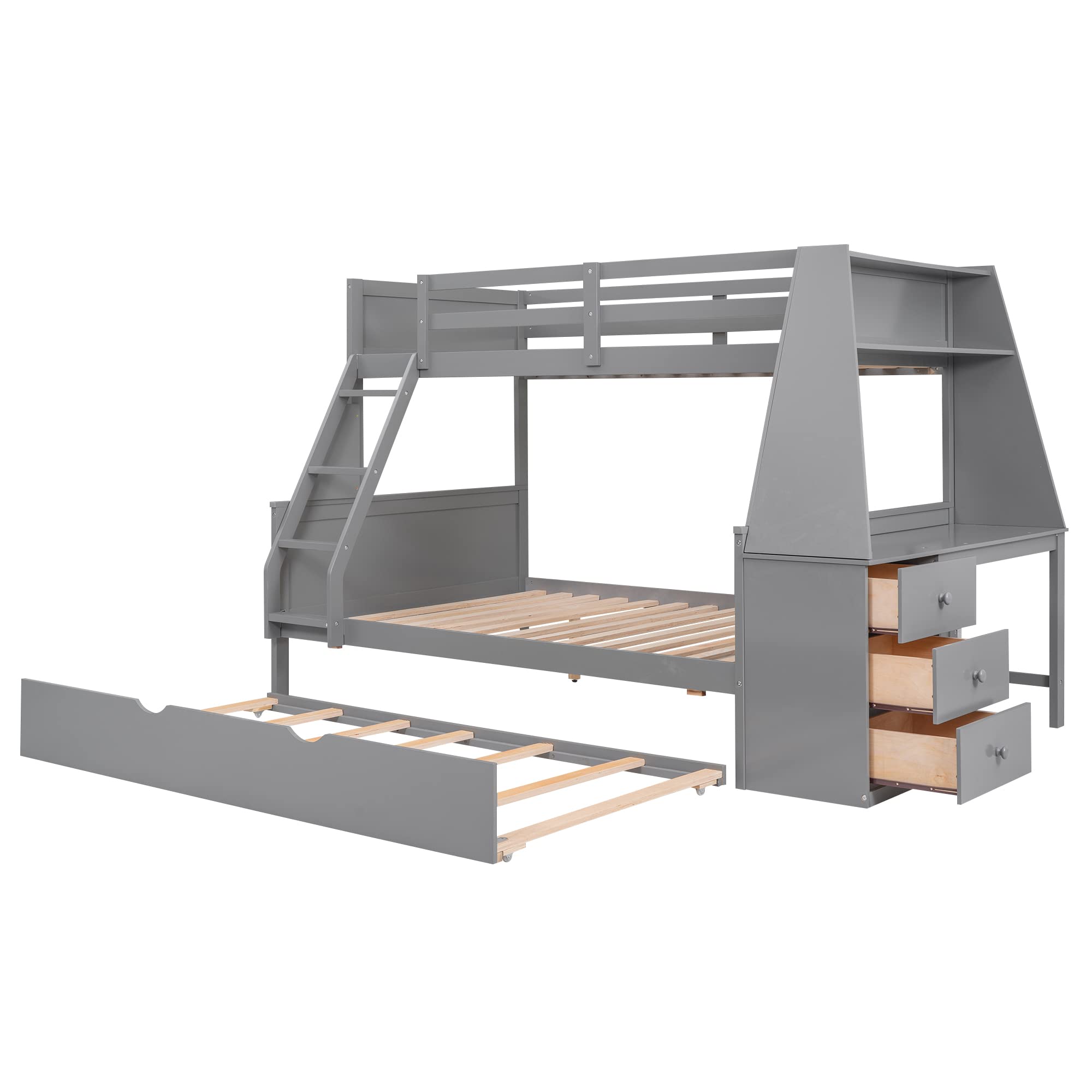Twin Over Full Bunk Bed with Trundle and Built-in Desk