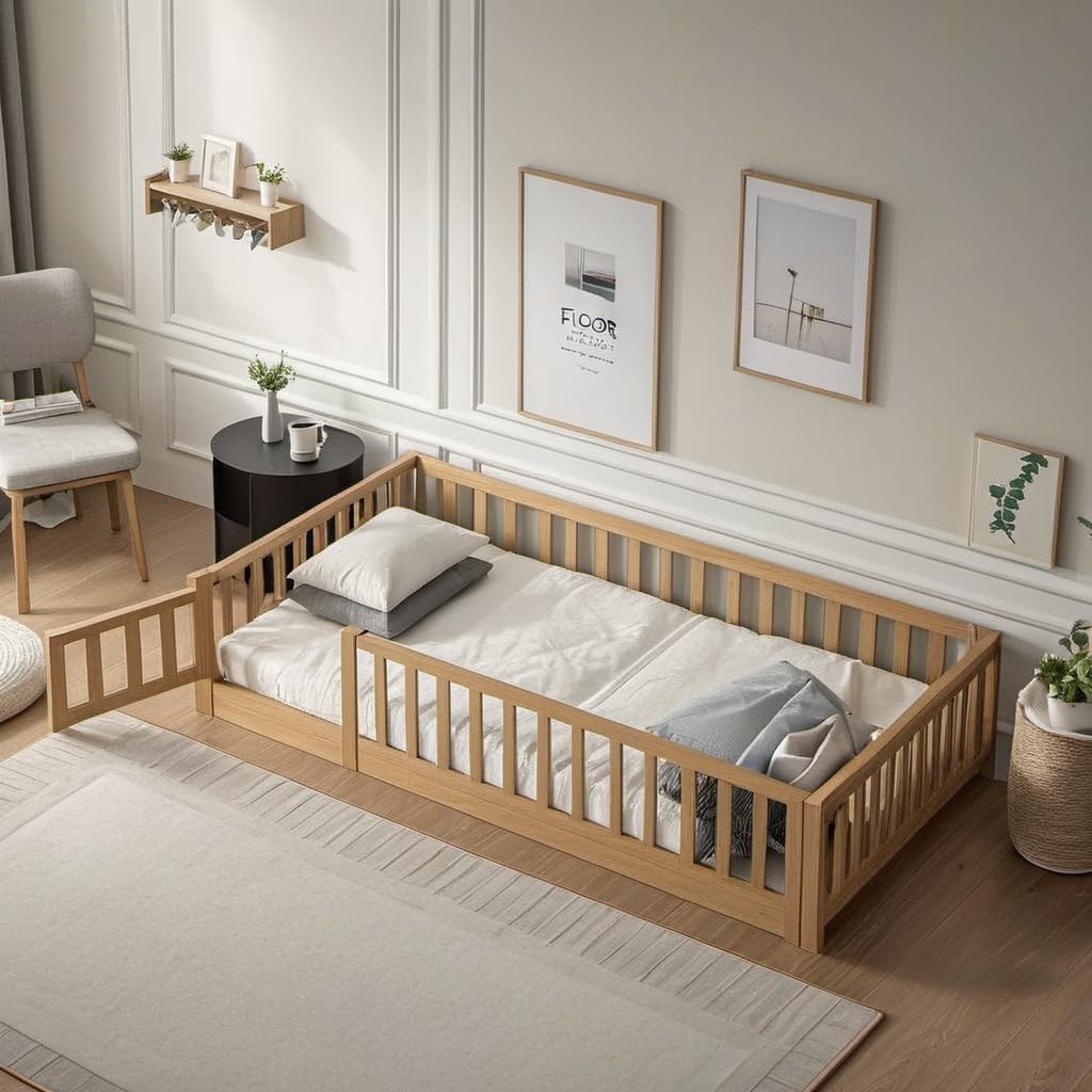 Twin Montessori Floor Bed with Safety Rails and Convertible Door