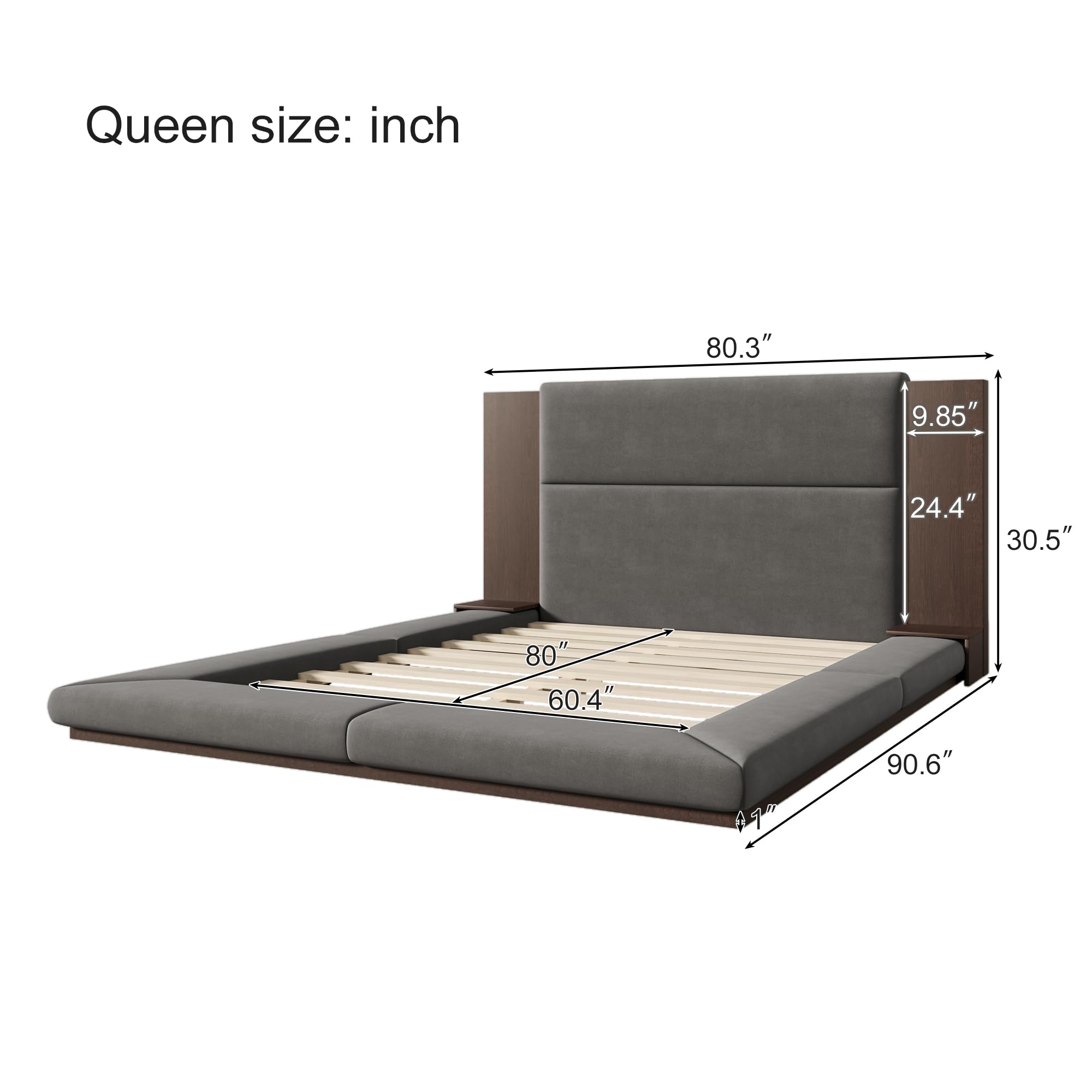 Velvet Floor Platform Bed Frame with Extended Headboard and Bedside Shelf