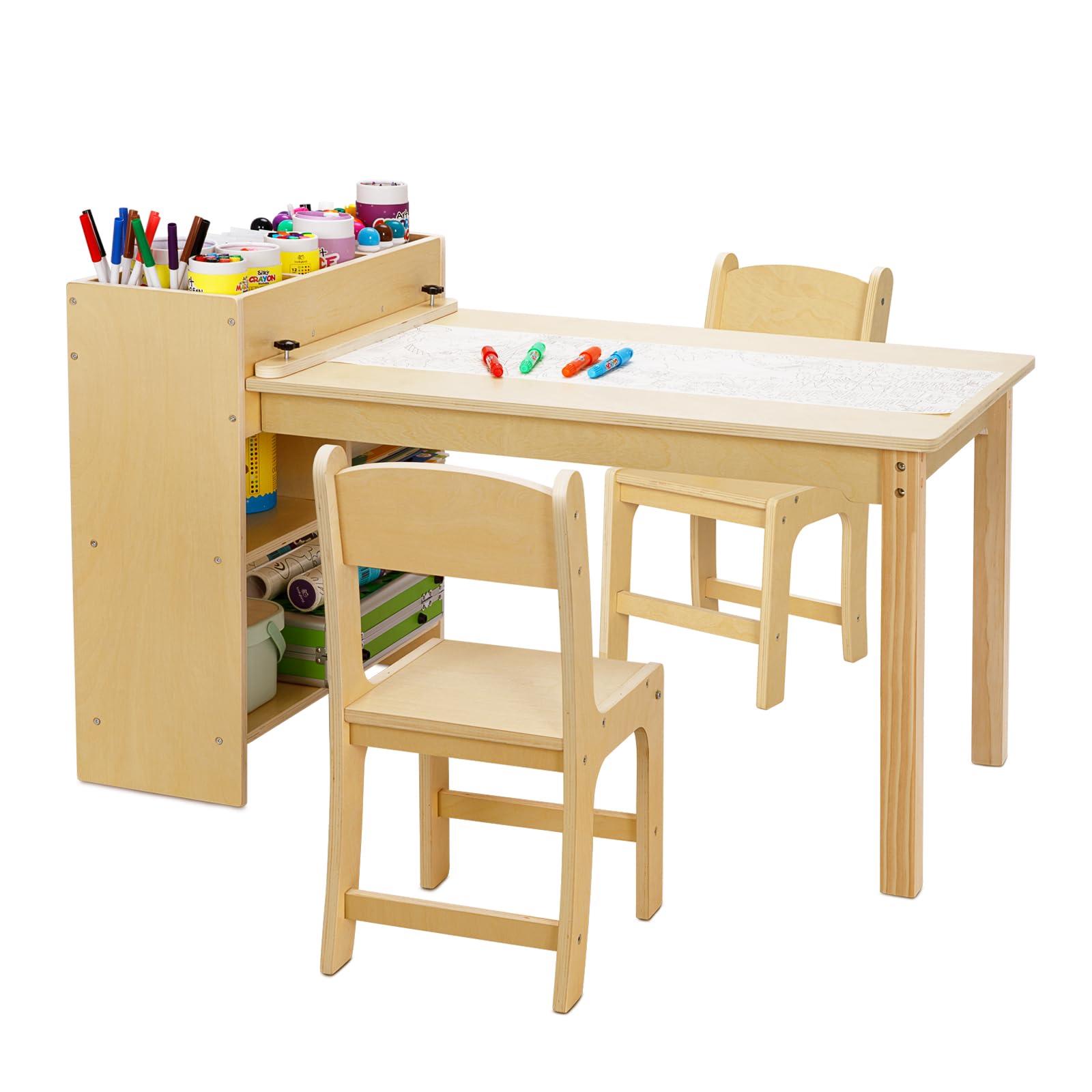 Kids Art Table and 2 Chairs, Toddler Activity Table with Large Storage Shelves
