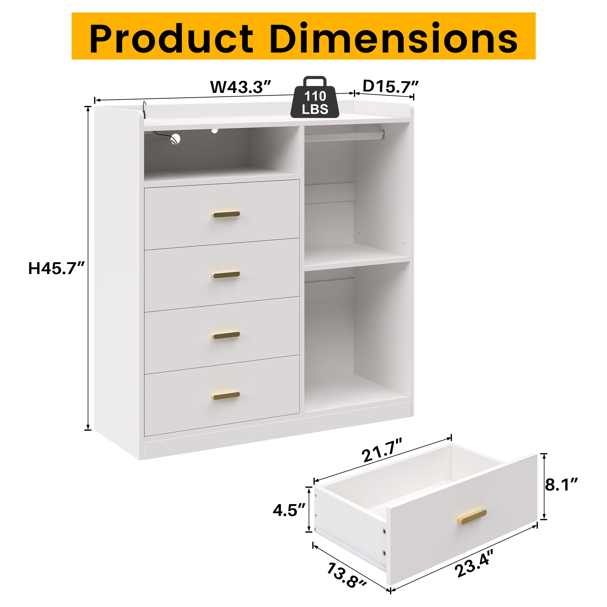 4 Drawer Dresser with Clothes Rack LED Lights and Charging Station