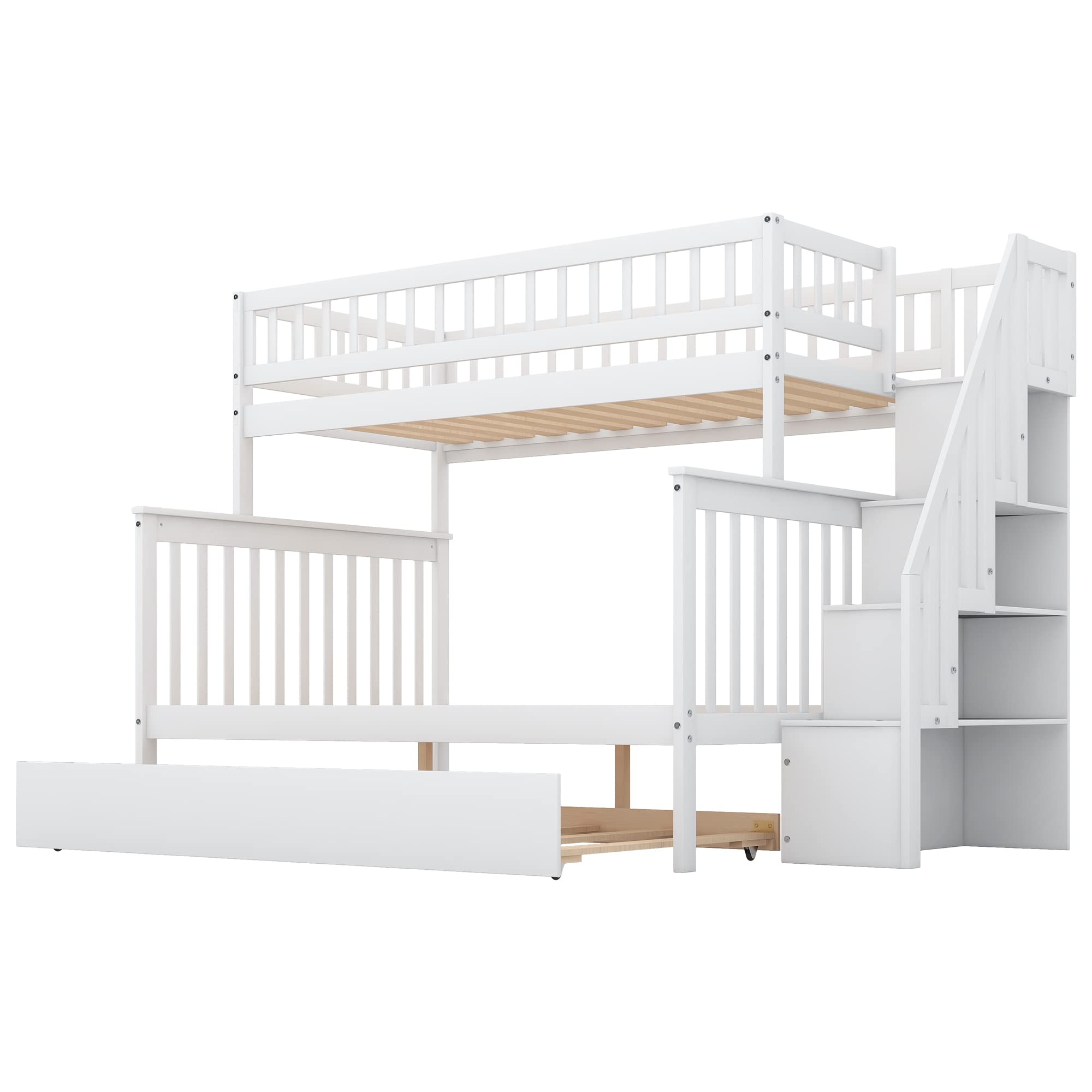 Twin Over Full Bunk Bed with Trundle and Staircase, Bedroom/Guest Room Furniture, Space-Saving Design,White