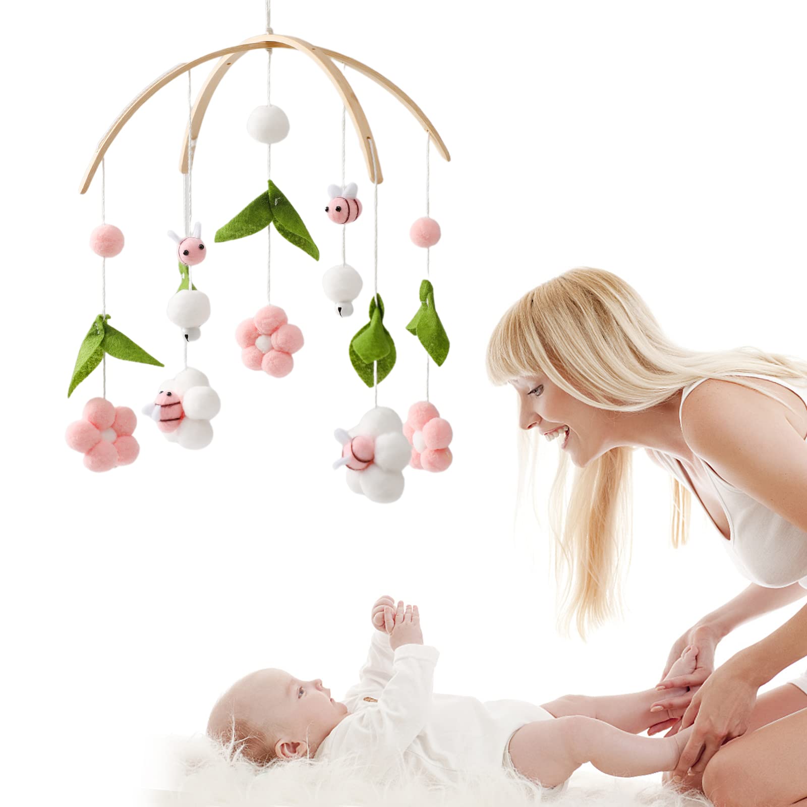 Wooden Wind Chime Bed Bell Crib Mobile, Neutral Pink Bee Baby Ceiling Mobile