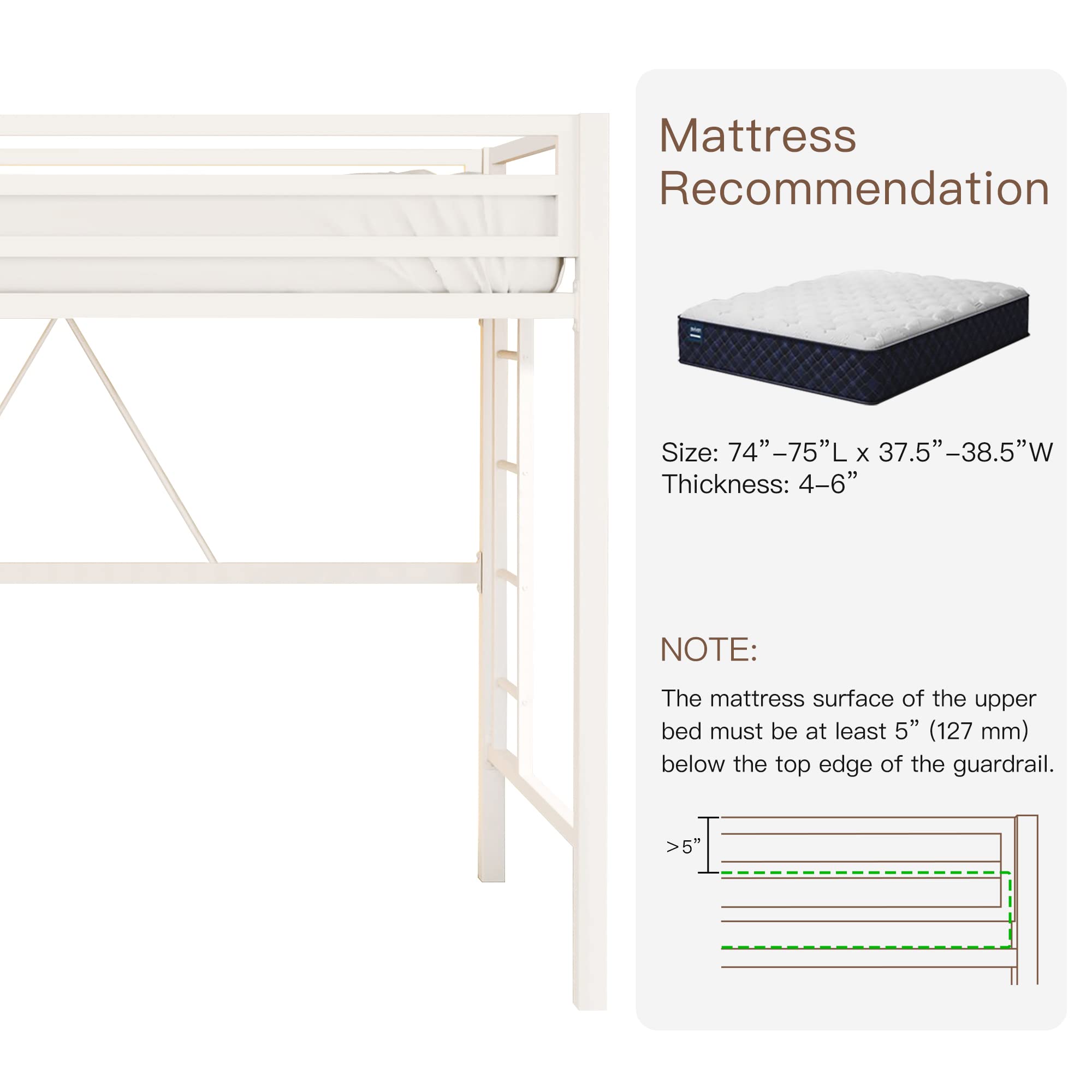 Metal Loft Bed Twin Size with Safety Guardrail and Ladder