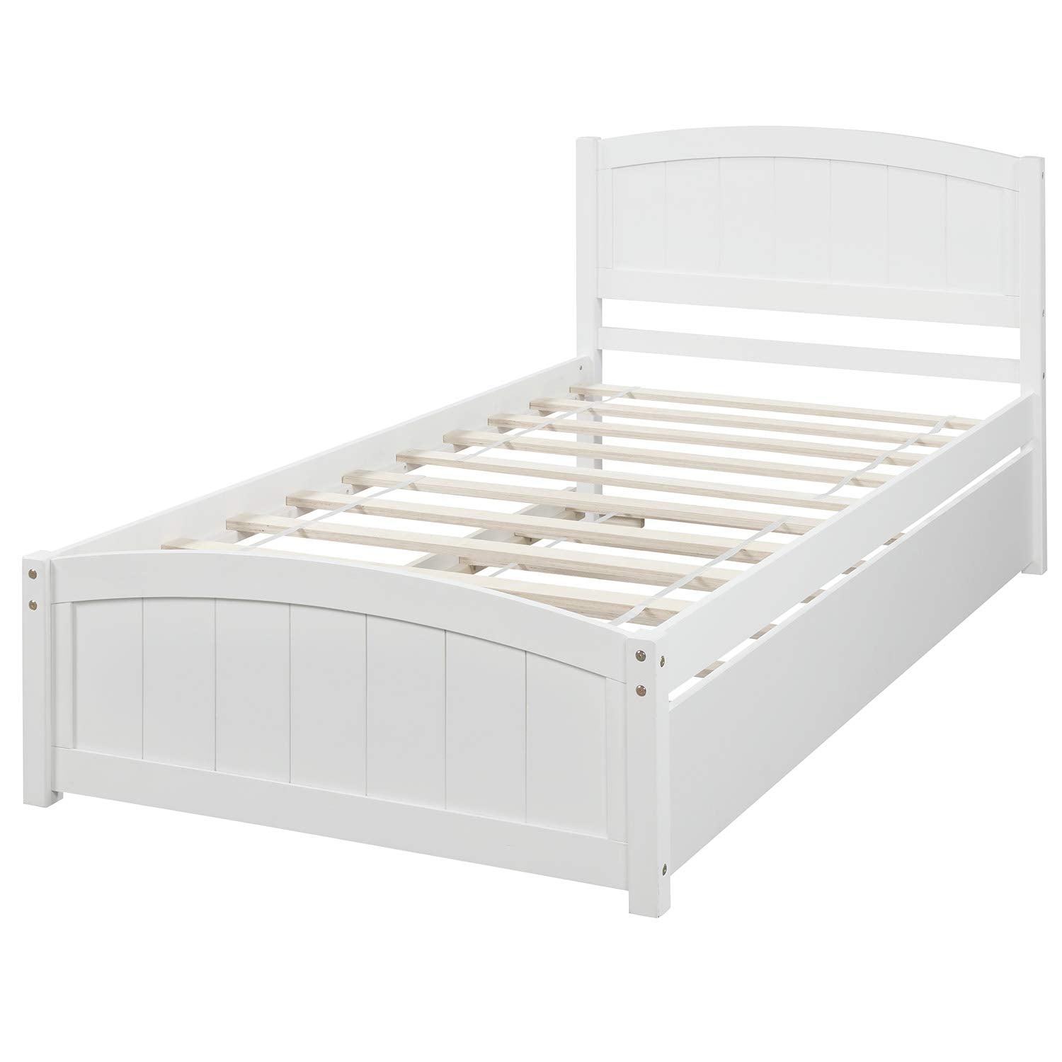 Twin Platform Bed Frame with Trundle, White Solid Wood, 79.5 x 41.7 x 37.5 inches