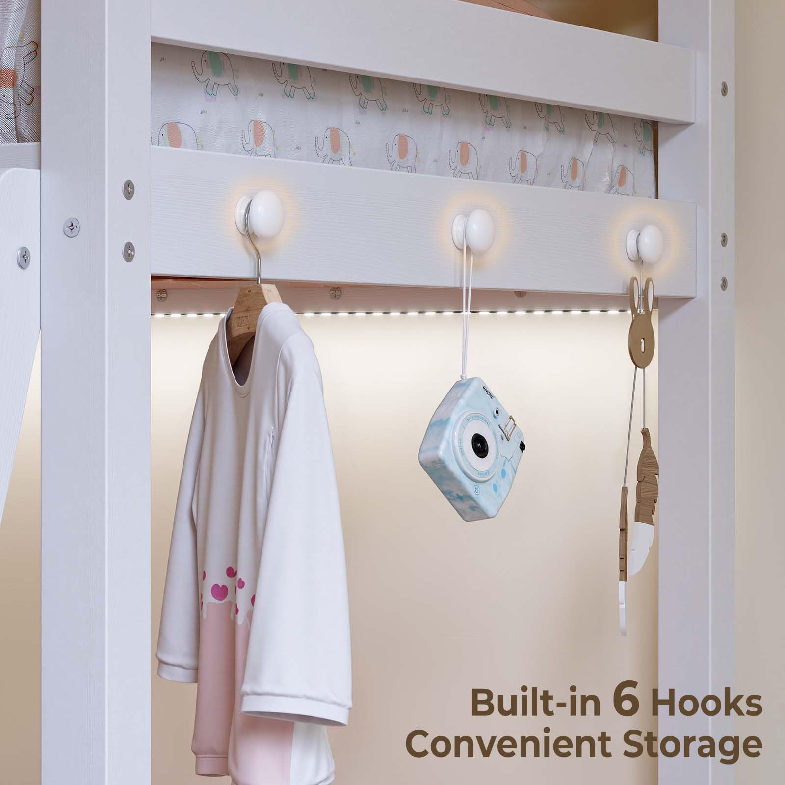 Twin Over Twin Low Bunk Bed with LED Light and Wide Stairs