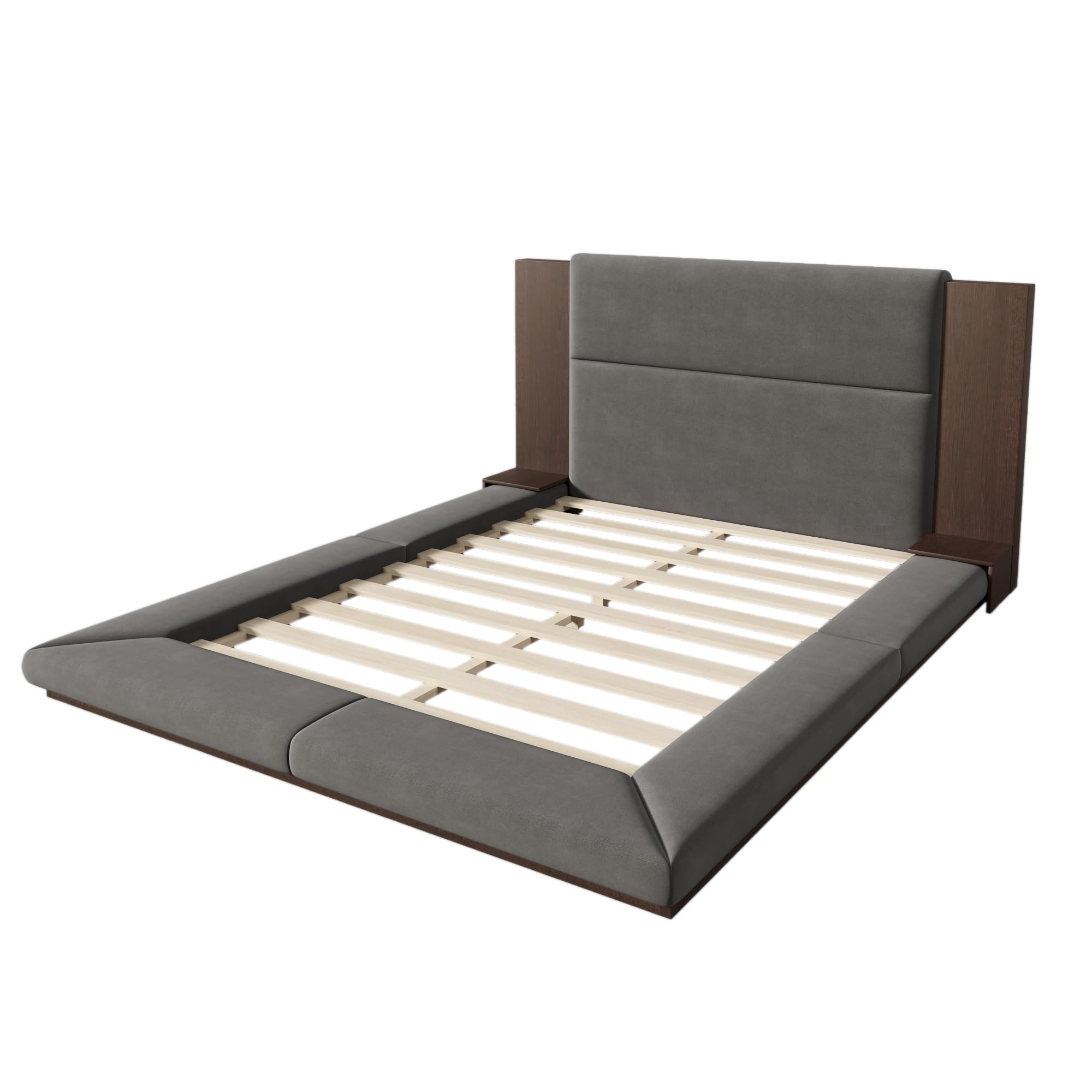 Velvet Floor Platform Bed Frame with Extended Headboard and Bedside Shelf