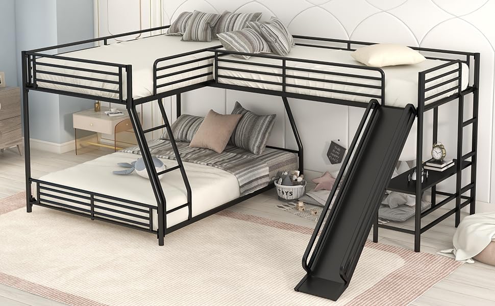 L-Shaped Triple Bunk Bed with Desk and Slide - Twin Over Full with Twin Loft