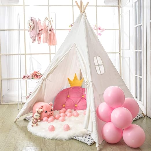 Teepee Play Tent for Kids with Gifts Coloured Flag, Feathers and Carry Case, Indoor Outdoor Playhouse for Baby Toddler, Teepee Toys for Boys and Girls