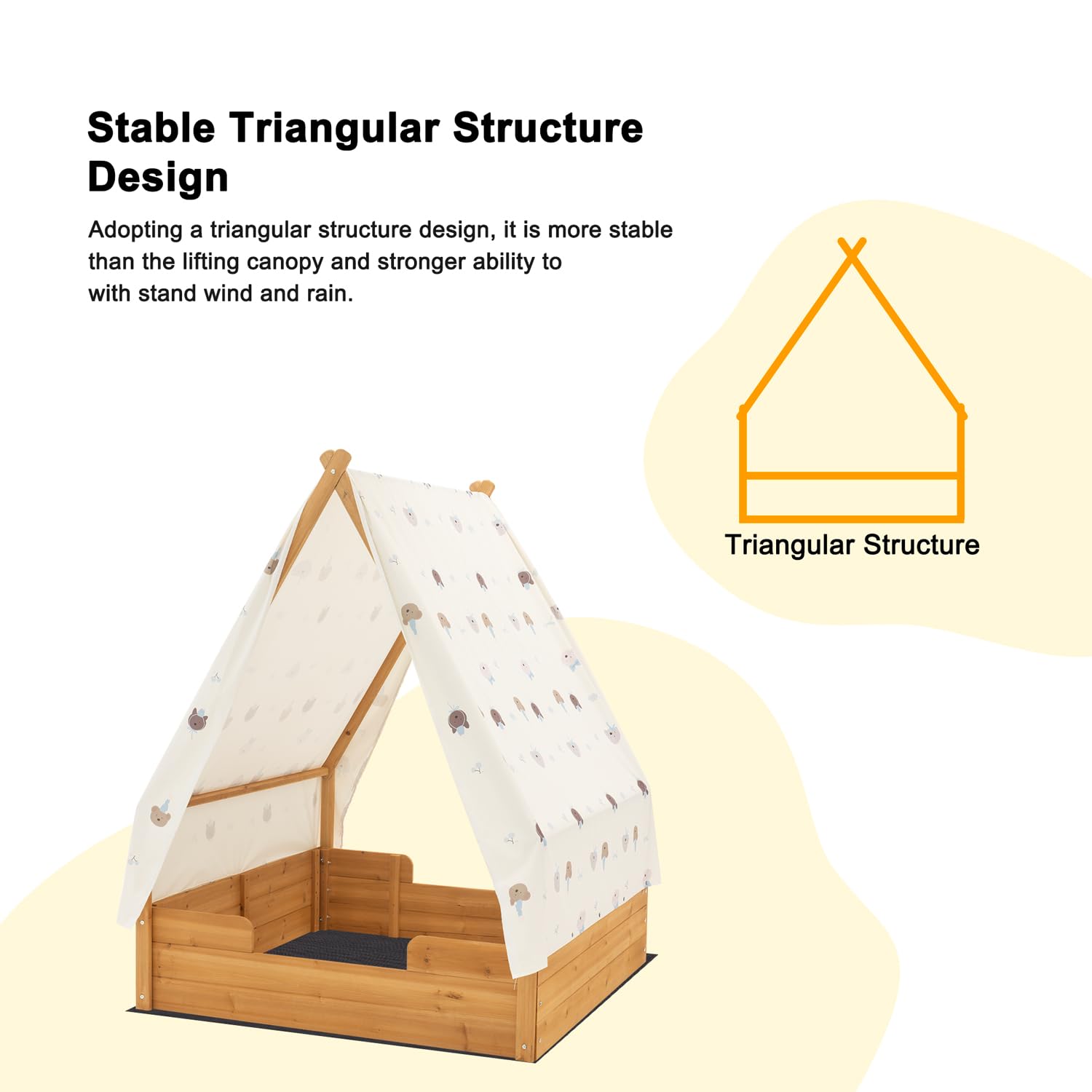 BIRASIL Triangular Wooden Sandbox with Canopy for Aged 3-8 Years Old, Sand Boxes for Backyard Garden, Sand Pit for Beach Patio Outdoor,Indoor and Outdoor Triangular Play Tent