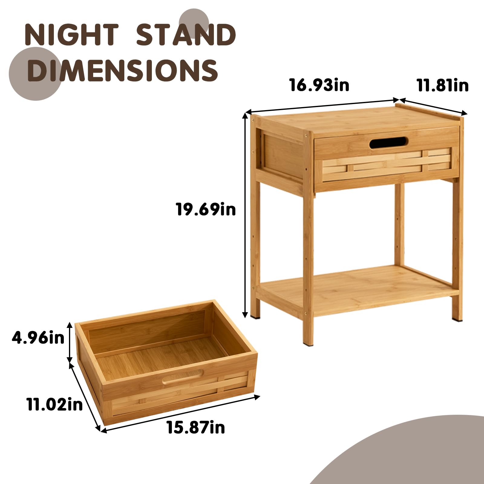 Bamboo Nightstand with Drawer and Storage Shelves