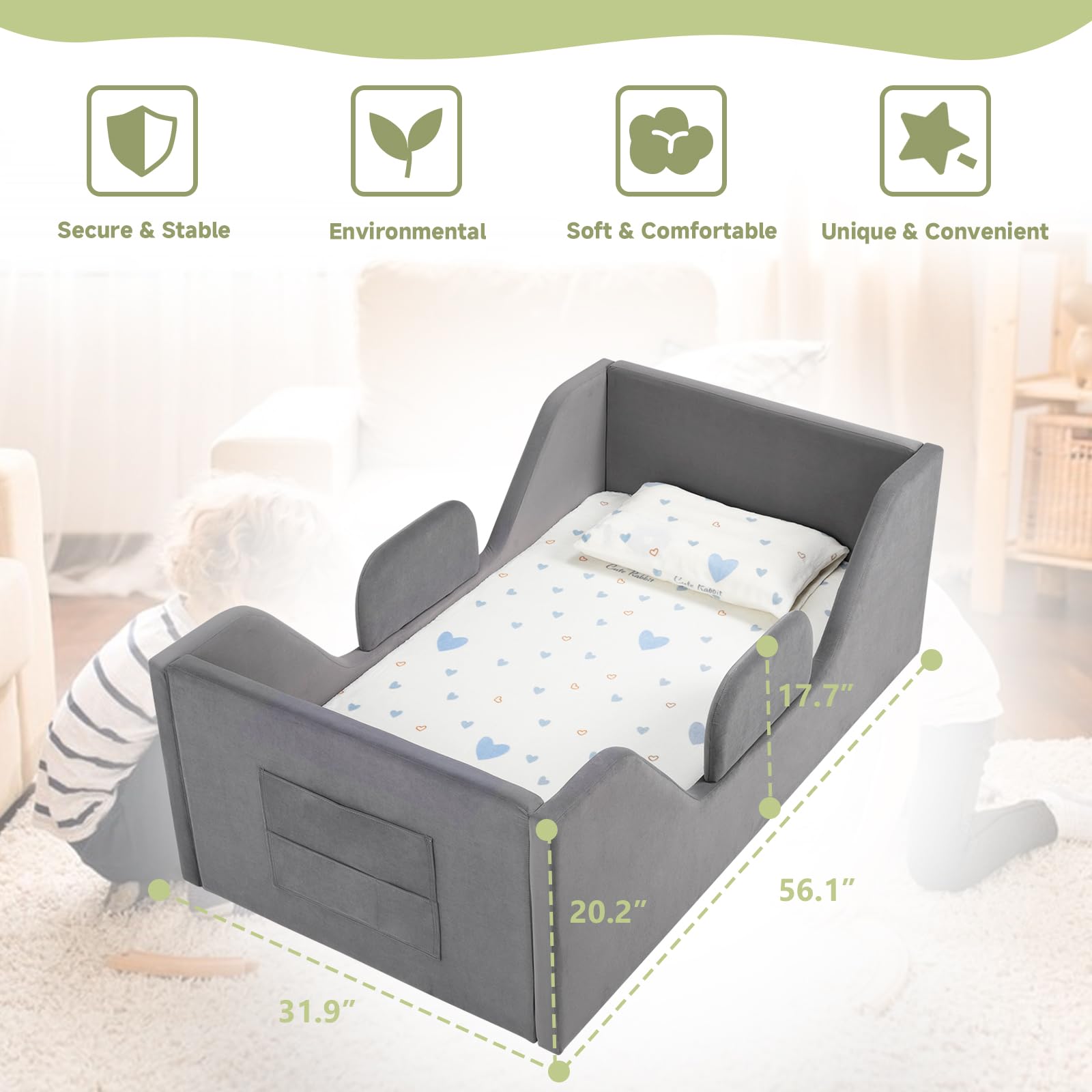 Toddler Floor Bed with Safety Rails and Storage