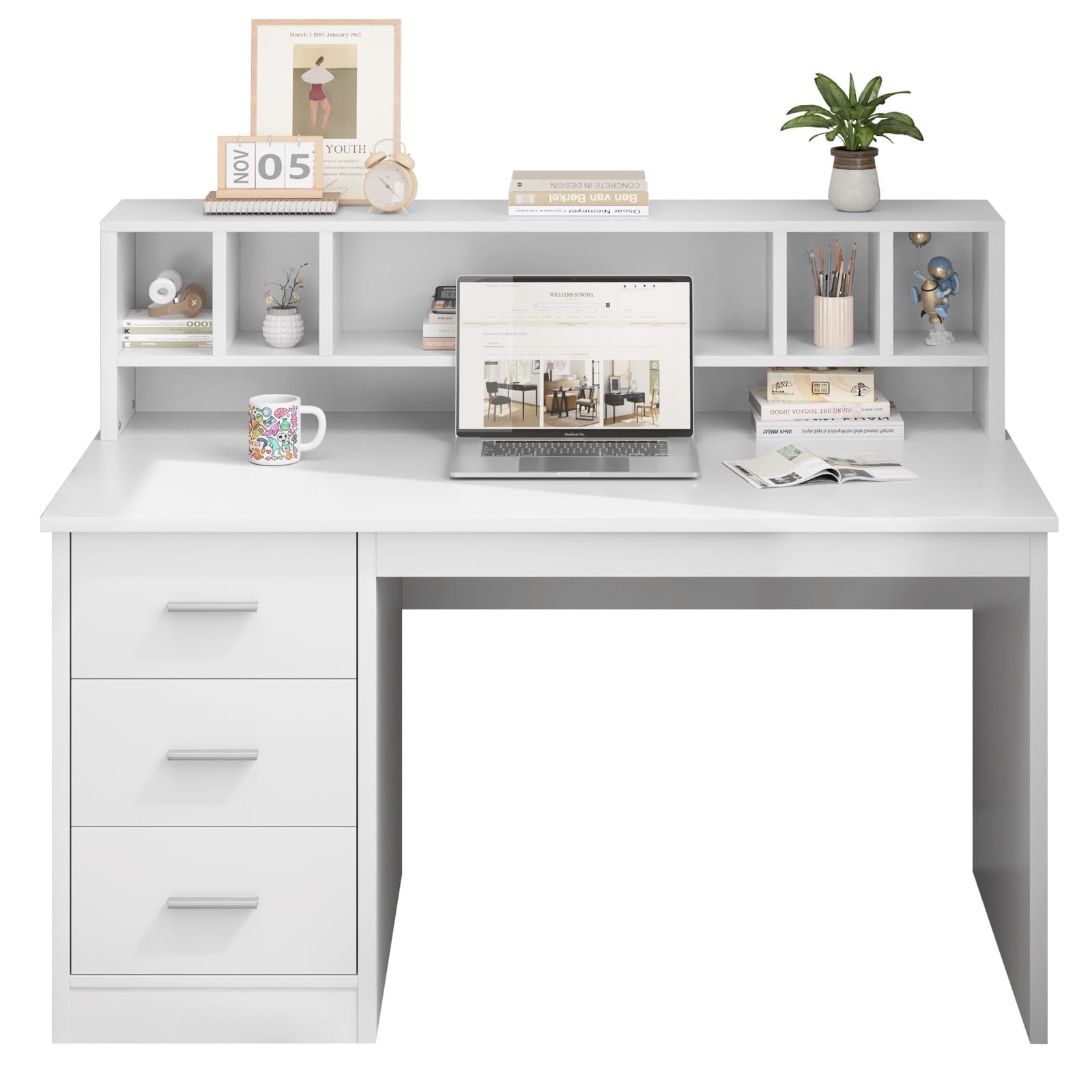 White Desk with Storage Drawers and Hutch for Bedroom