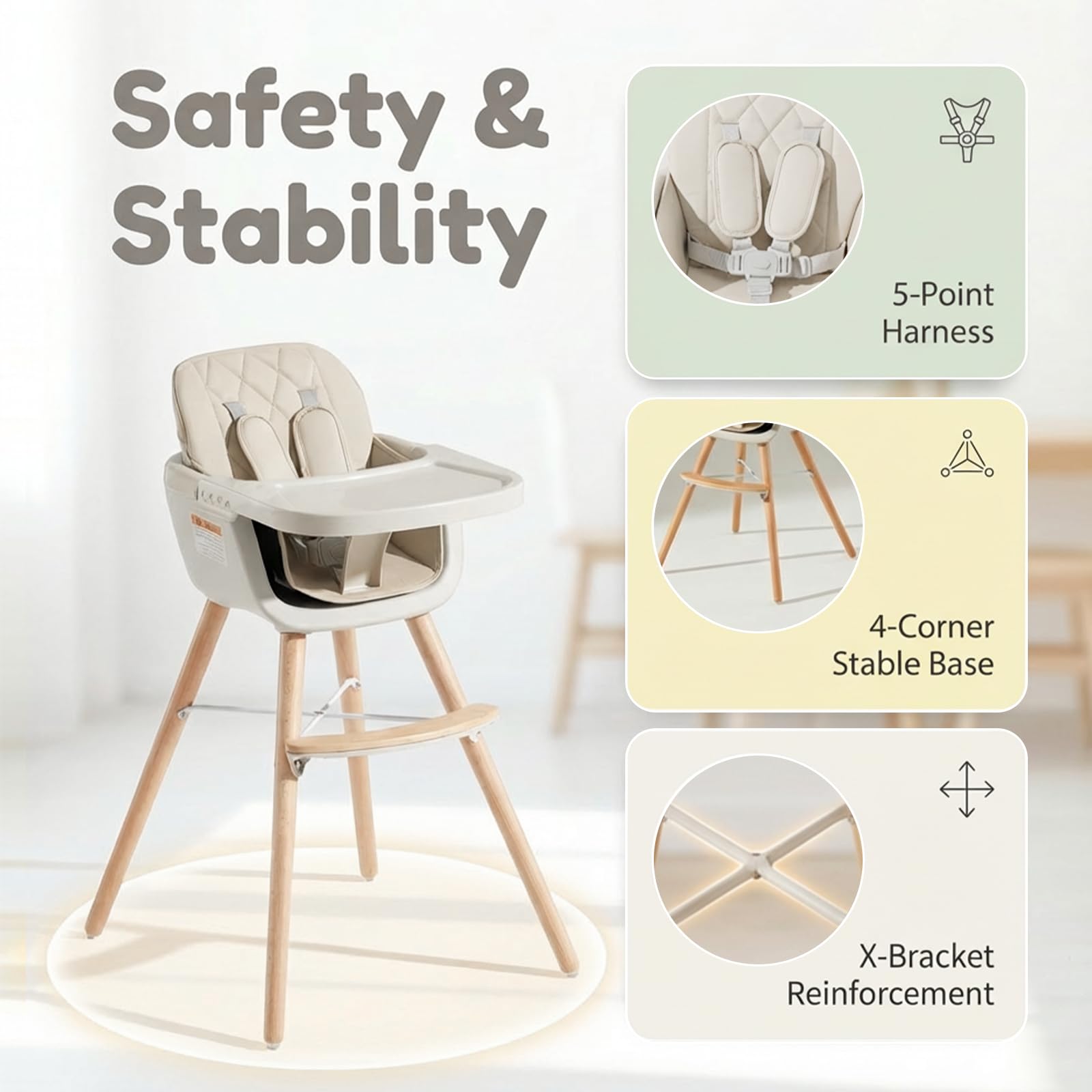 3-in-1 Convertible Wooden High Chair with Adjustable Legs