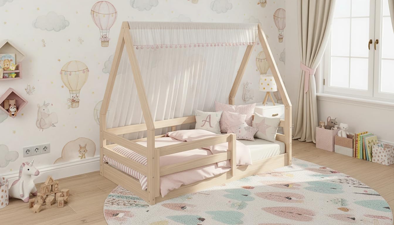 Montessori Toddler Floor Bed with Rails - Solid Pine Wood