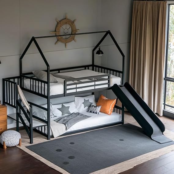 Staircase Bunk Bed with Slide for Kids,Low Bunk House Bed
