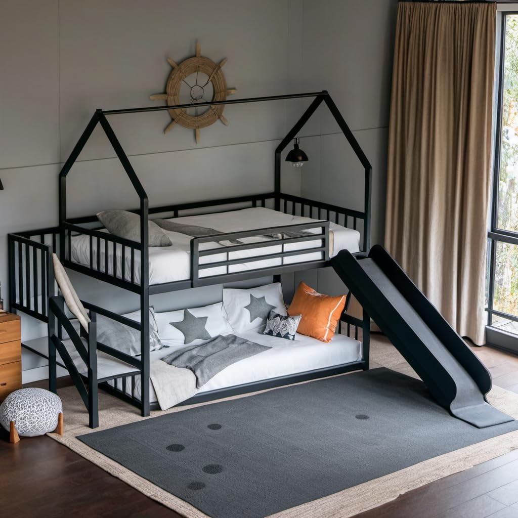 Metal Bunk Bed with Slide and Storage Stairs