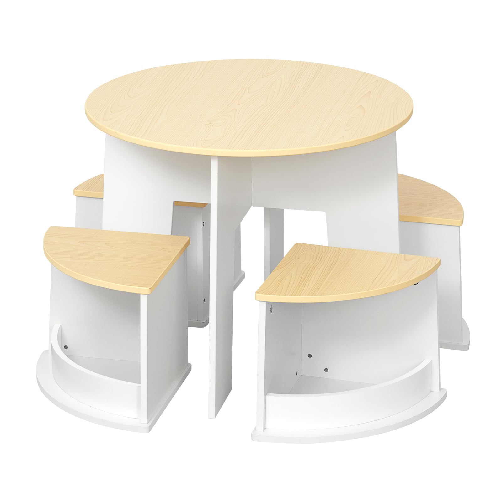Toddler Table and Chair Set, Wooden Round Table with 4 Storage Stools