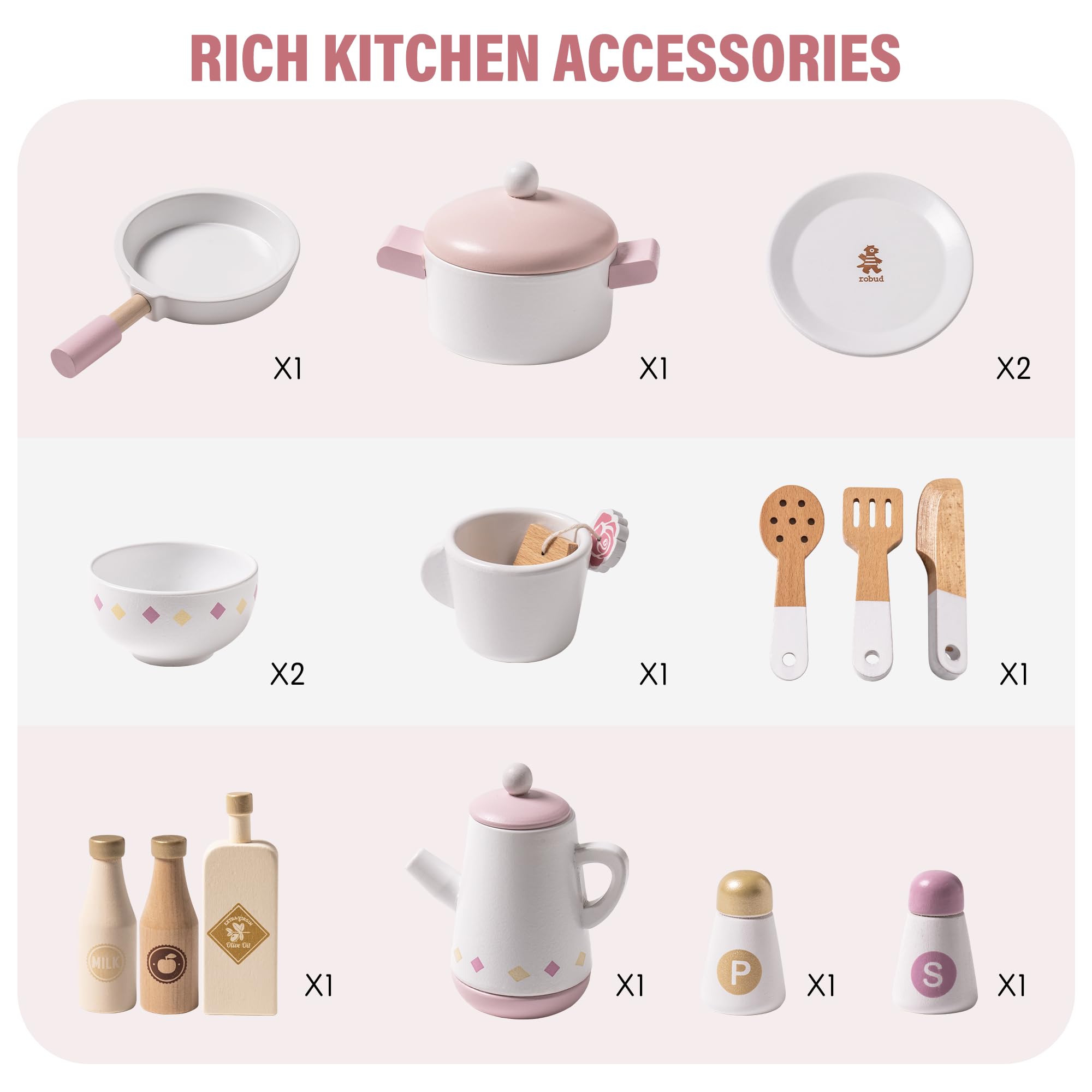 ROBUD Play Kitchen for Kids Toddlers, Wooden Play Kitchen with Realistic Accessories, Toy Kitchen Set with Plenty of Play Features, Modern Style Toy Kitchen for Girls & Boys, Gift for Ages 3+, Pink
