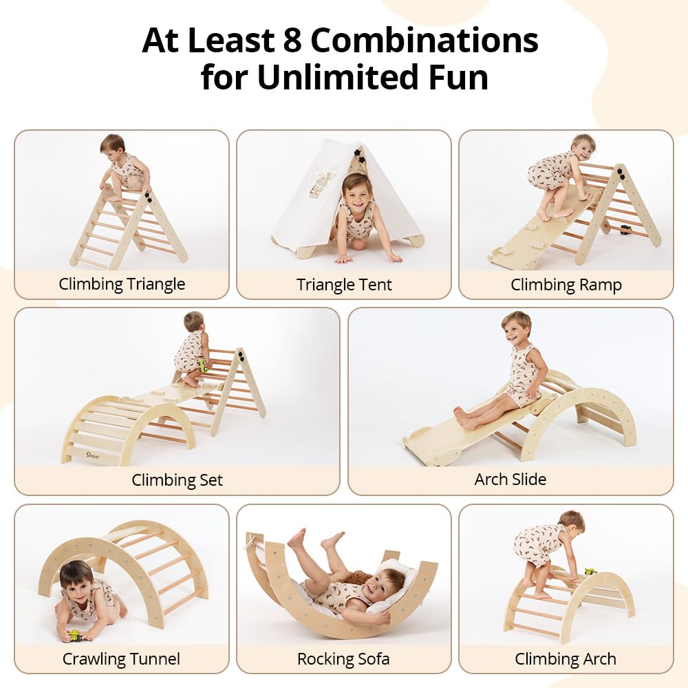 Pikler Triangle Climbing Set with Cushion and Arch Ramp