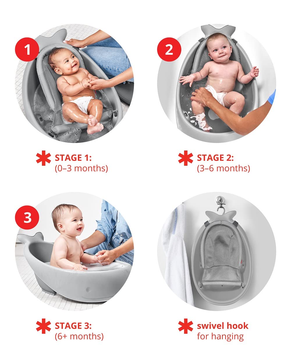 Infant Bath Tub 3-Stage Grow With Baby Smart Sling MOBY Bathtub Grey Age 0+