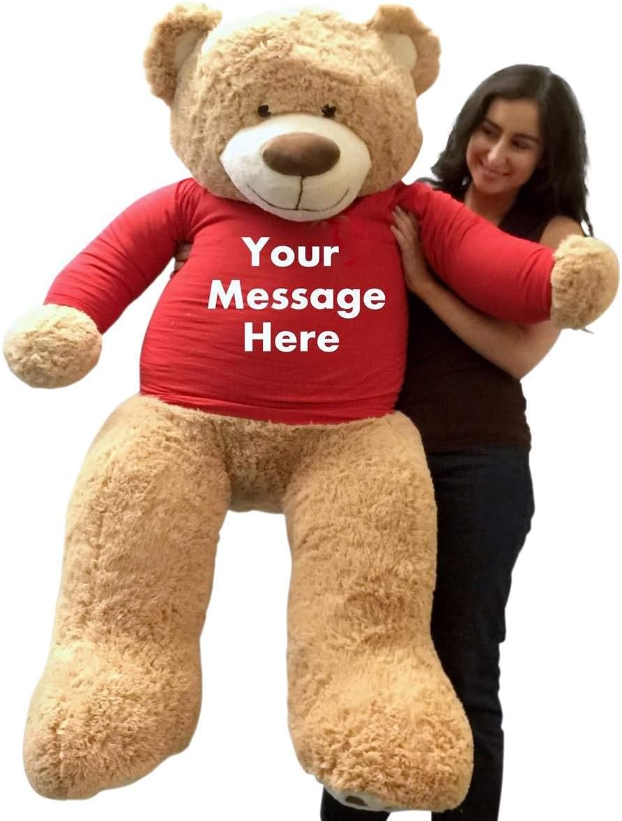 5ft Bear Dressed in Personalized Red Tshirt, Giant 5 Foot Teddy Bear Premium Soft
