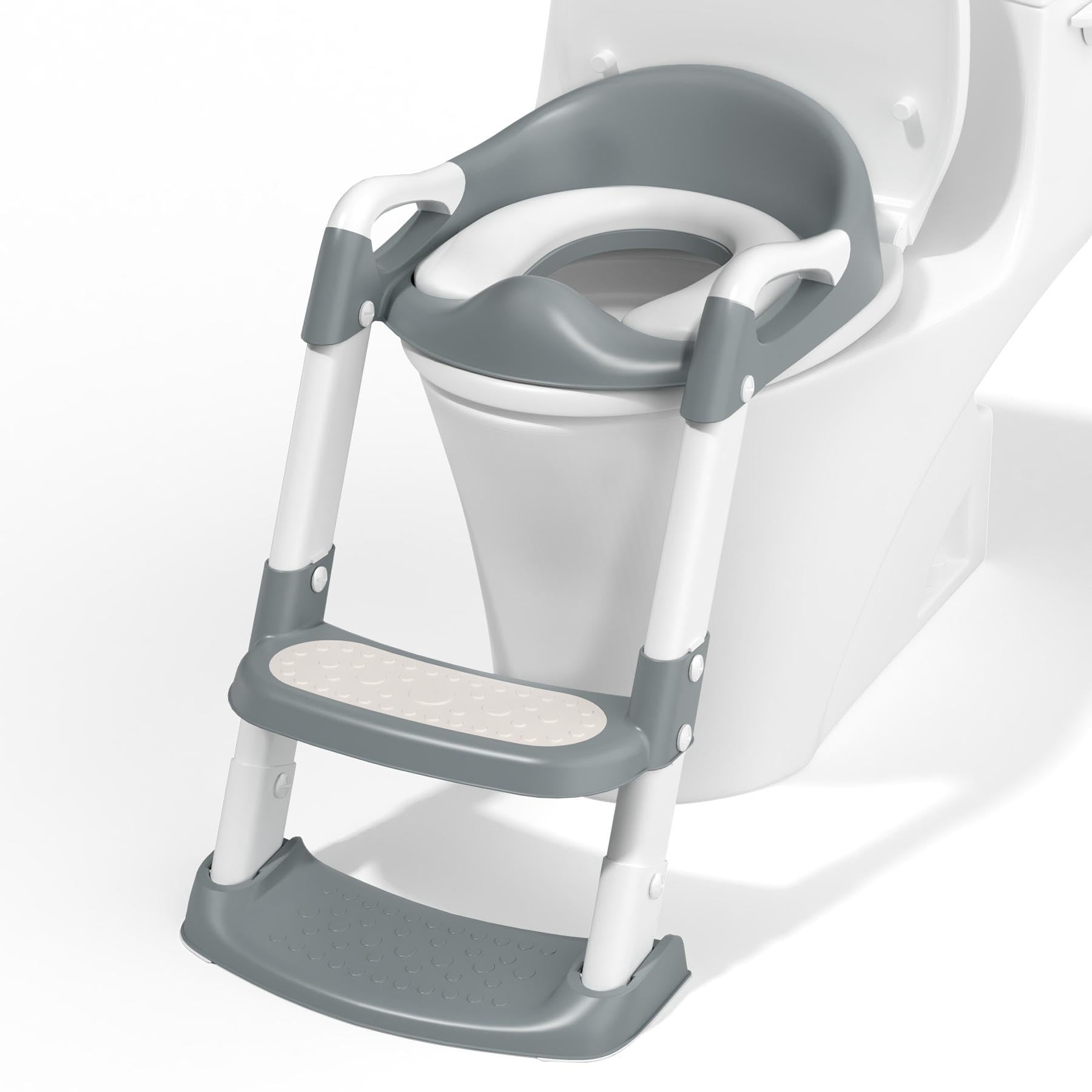 COOSEYA Potty Training Toilet with Step Stool Ladder, Toddler Kids Potty Training Seat for Boys Girls, Foldable Anti-Slip Toilet Toddler Seat Splash Guard Soft Cushion Safety Handles (Grey)