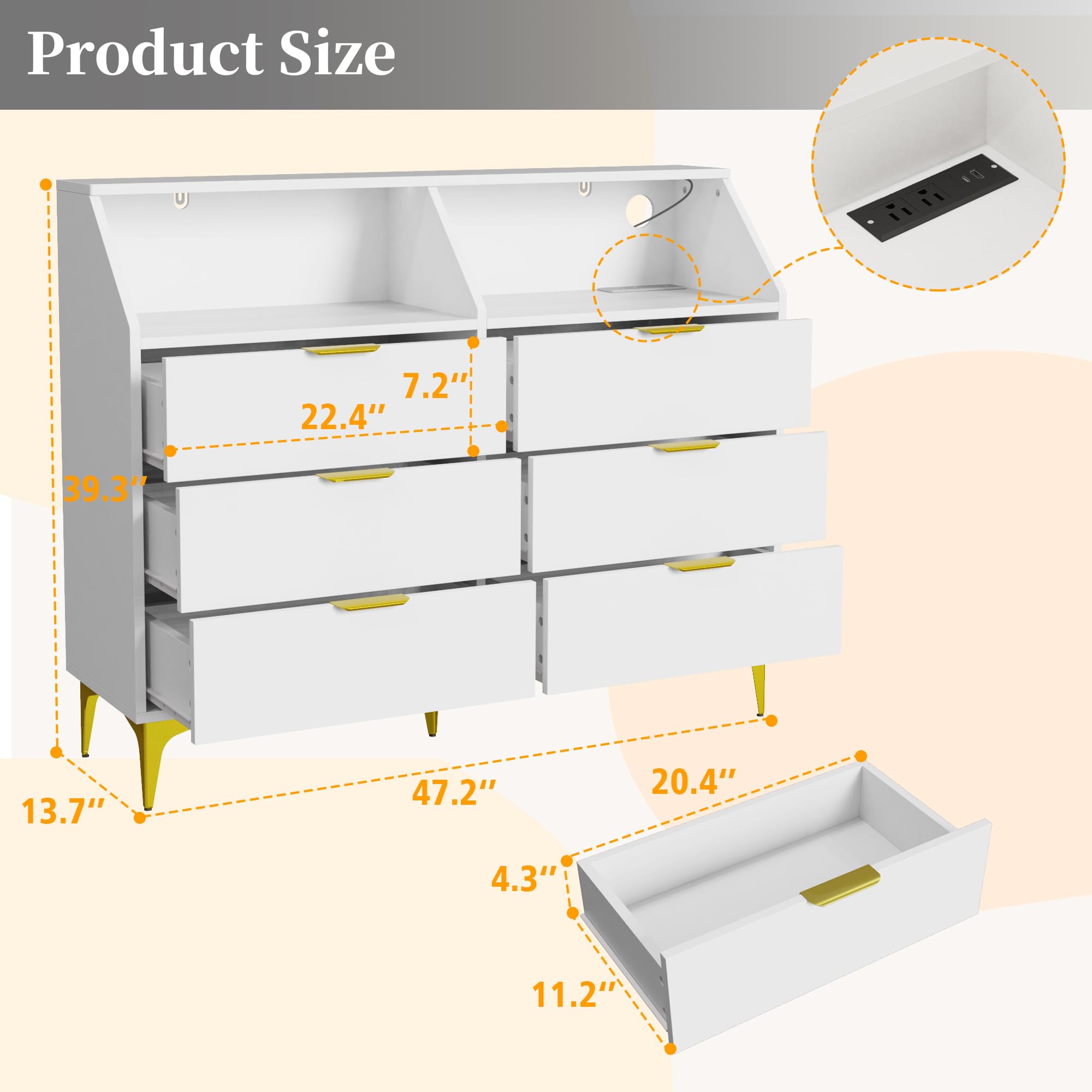 6 Drawer Dresser with Charging Station and LED Lights