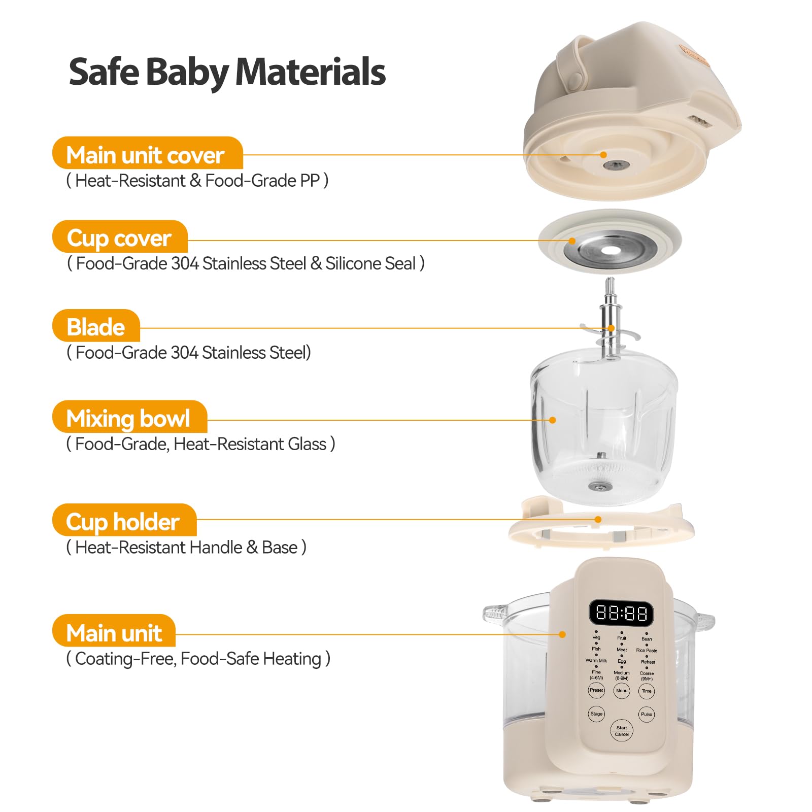 Baby Dolce Baby Food Maker, 9 in 1 Glass Baby Food Processor Steamer Puree Blender with 6 Blades, One Step Cook Grinding, Touch Screen Control, Multifunctional Blender with 24h Timer, Dishwasher Safe