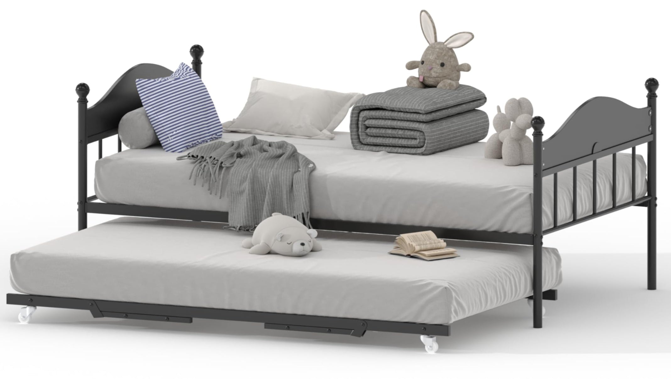 Daybed with Trundle, Metal Twin Size Day Bed with Stylish