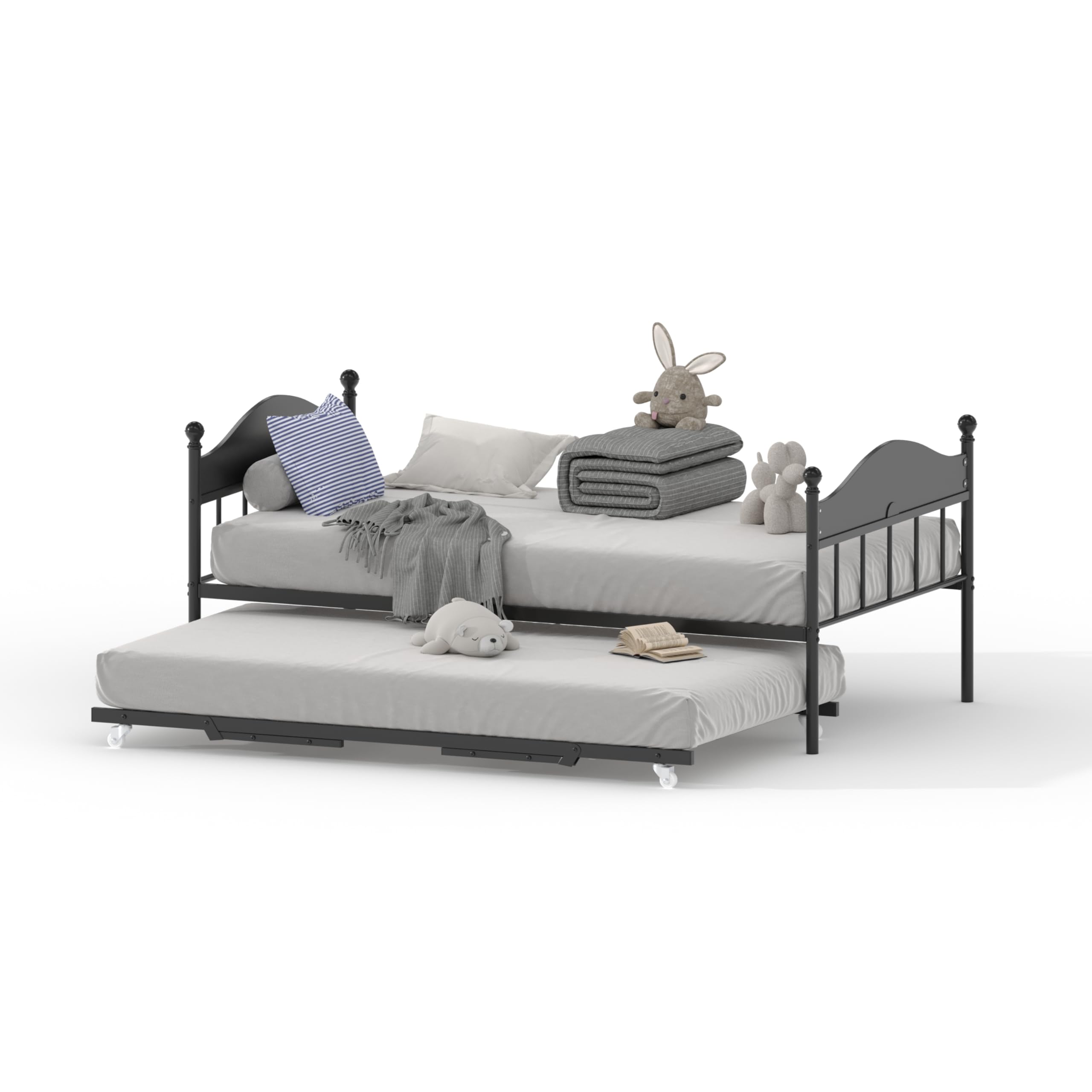 Metal Twin Daybed with Trundle and Stylish Headboard