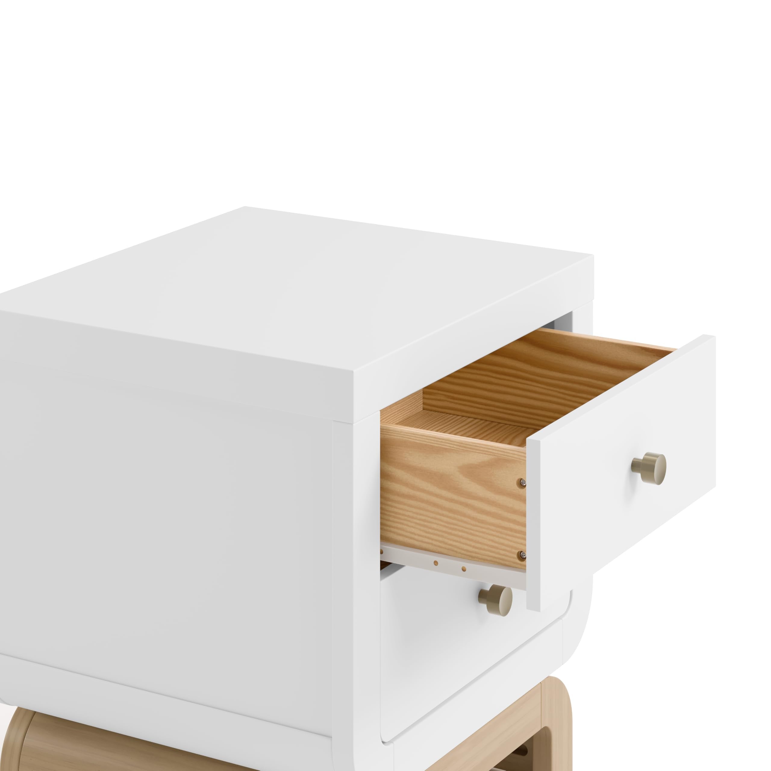 Storkcraft Santorini 2 Drawer Nightstand (White & Driftwood) - GREENGUARD Gold Certified Nightstand for Kids Bedroom, Premium Wood with Curved Base, “Champagne” Metal Knobs