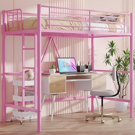 Loft Bed Twin Size, Metal Bedframe with Removable Ladder and Safety Guardrail