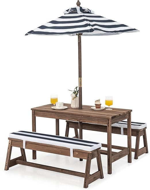Kids Picnic Table, Outdoor Wooden Table & Bench Set w/Removable Cushions and Umbrella