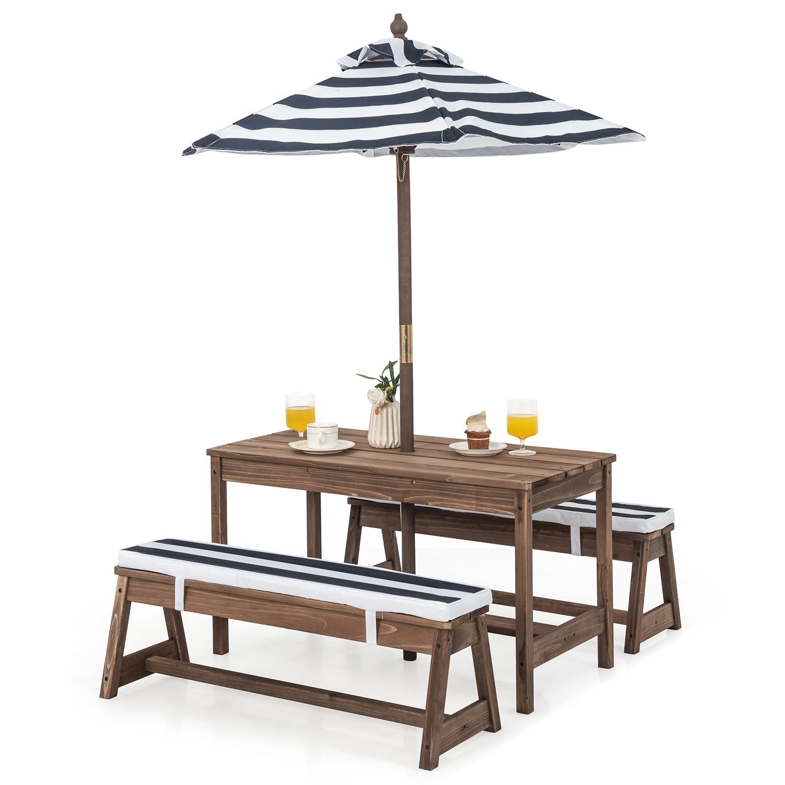 Kids Picnic Table, Outdoor Wooden Table & Bench Set w/Removable Cushions and Umbrella
