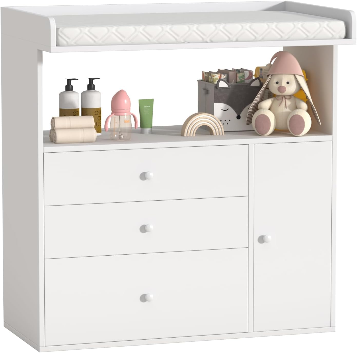 Changing Table Dresser with Wide Tabletop, 3 Drawers & Open Storage