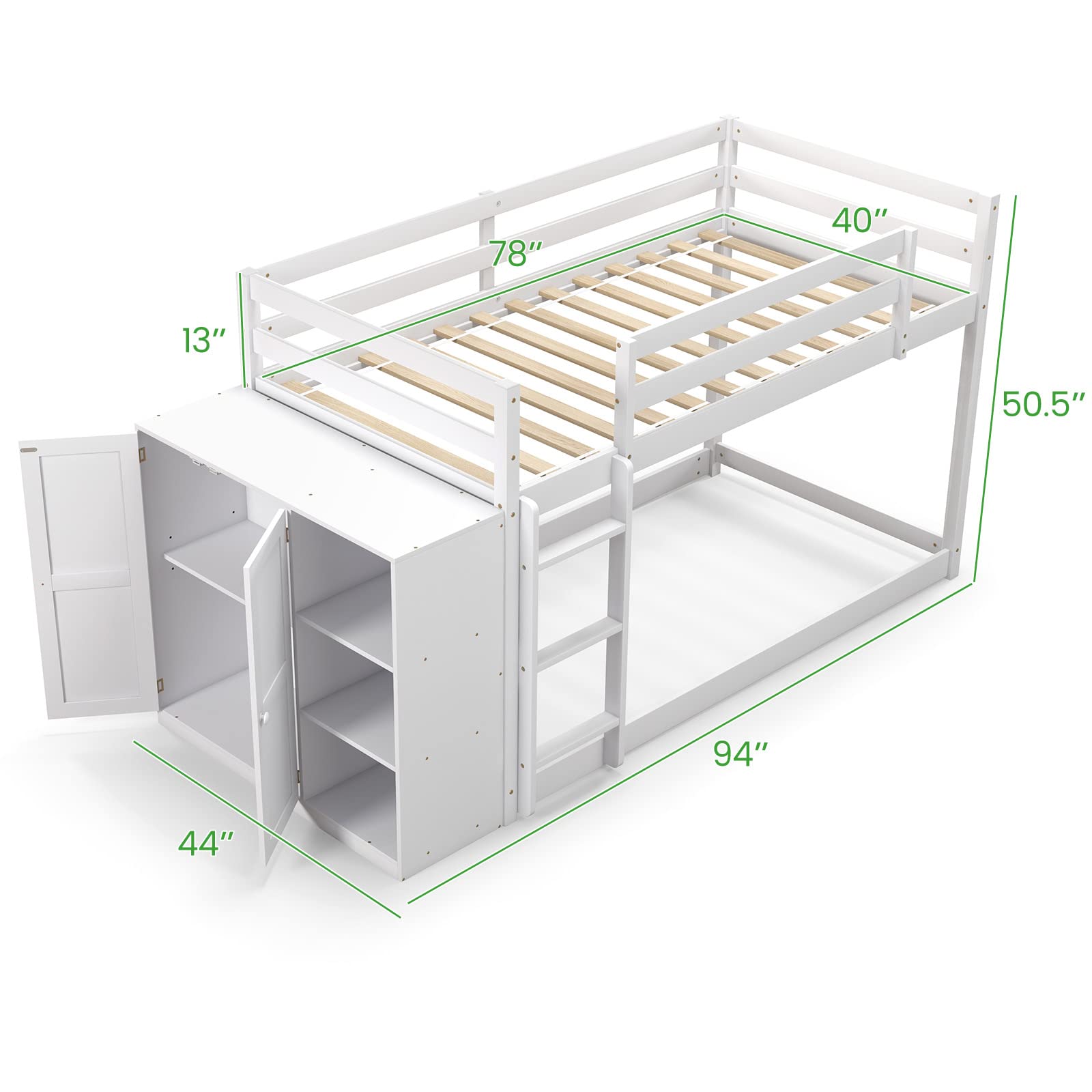 Twin Over Twin Bunk Bed with Storage Shelves, Solid Wood Bunk Bed Frame