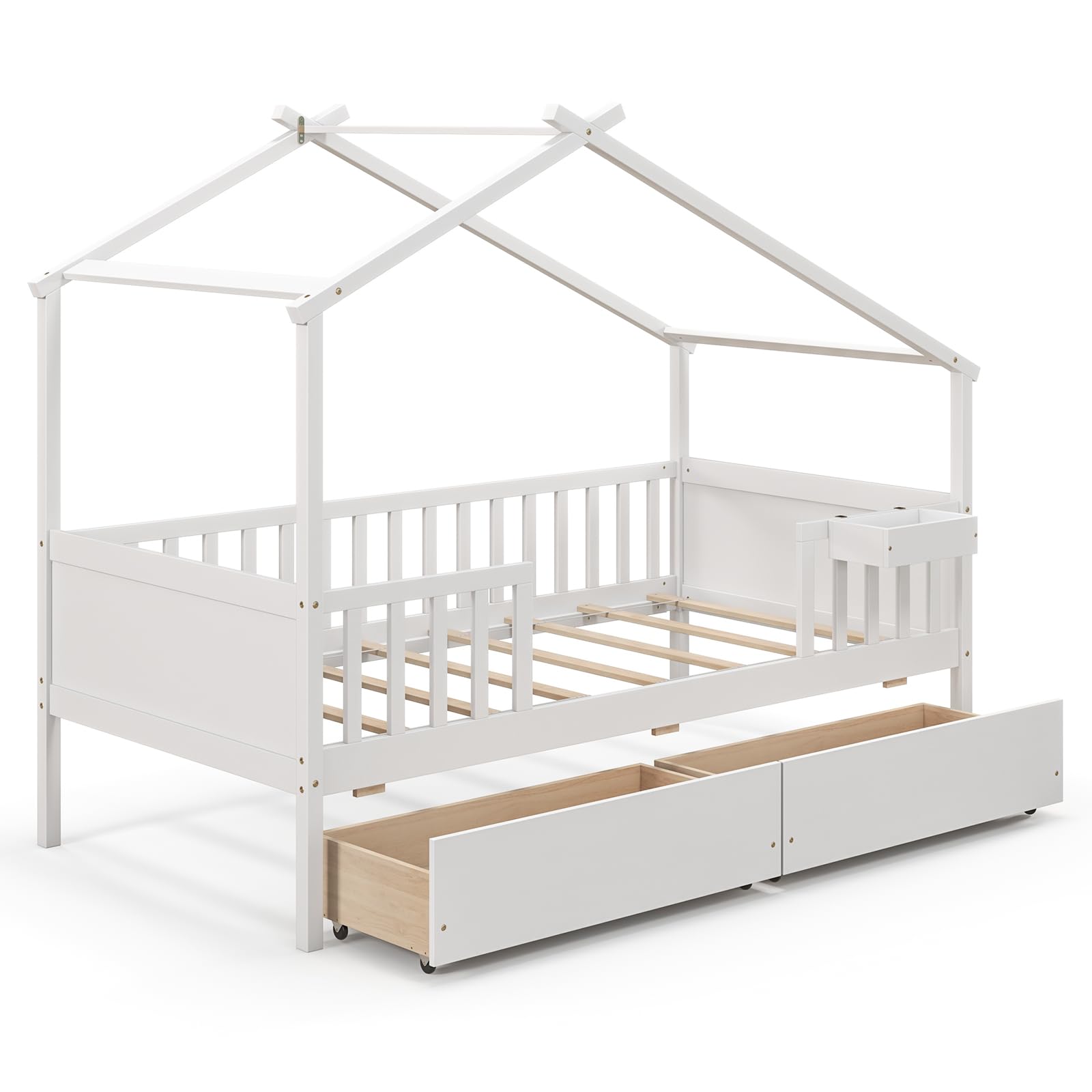Twin House Bed with Drawers, Wooden Twin Bed Frame