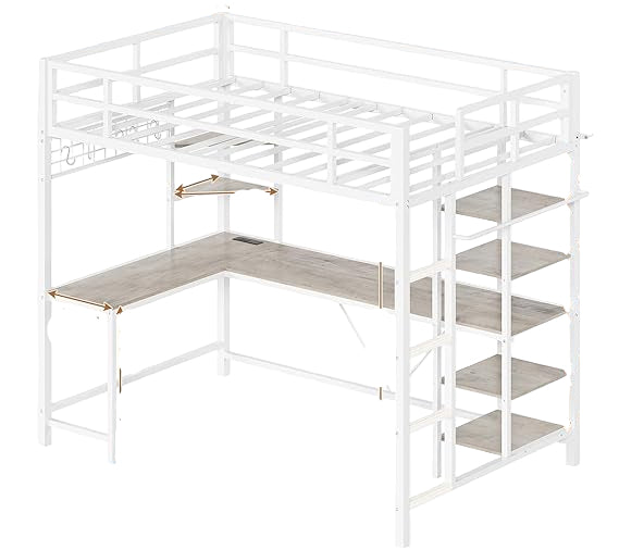 Loft Bed with Desk with Charging Station & LED Lights, Loft Bed Twin Size