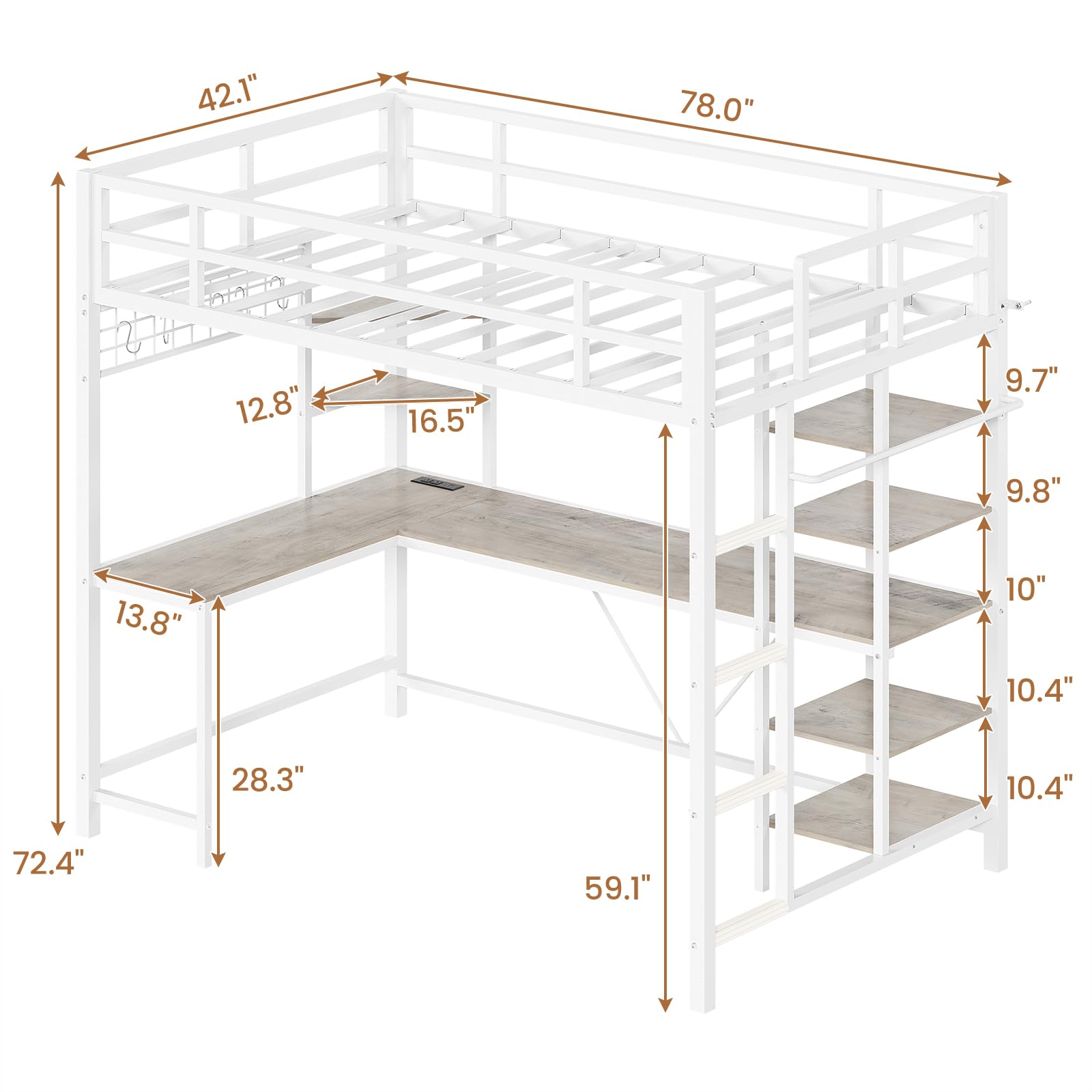 Twin Loft Bed with L-Shaped Desk and Charging Station