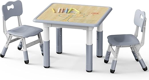 Kids Table and 2 Chairs Set, Height Adjustable Toddler Desk and Chair