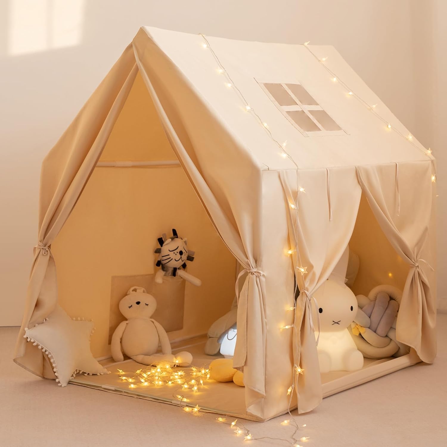 Tent,Large Indoor Play House with Star Lights,Flags and Tote Bags