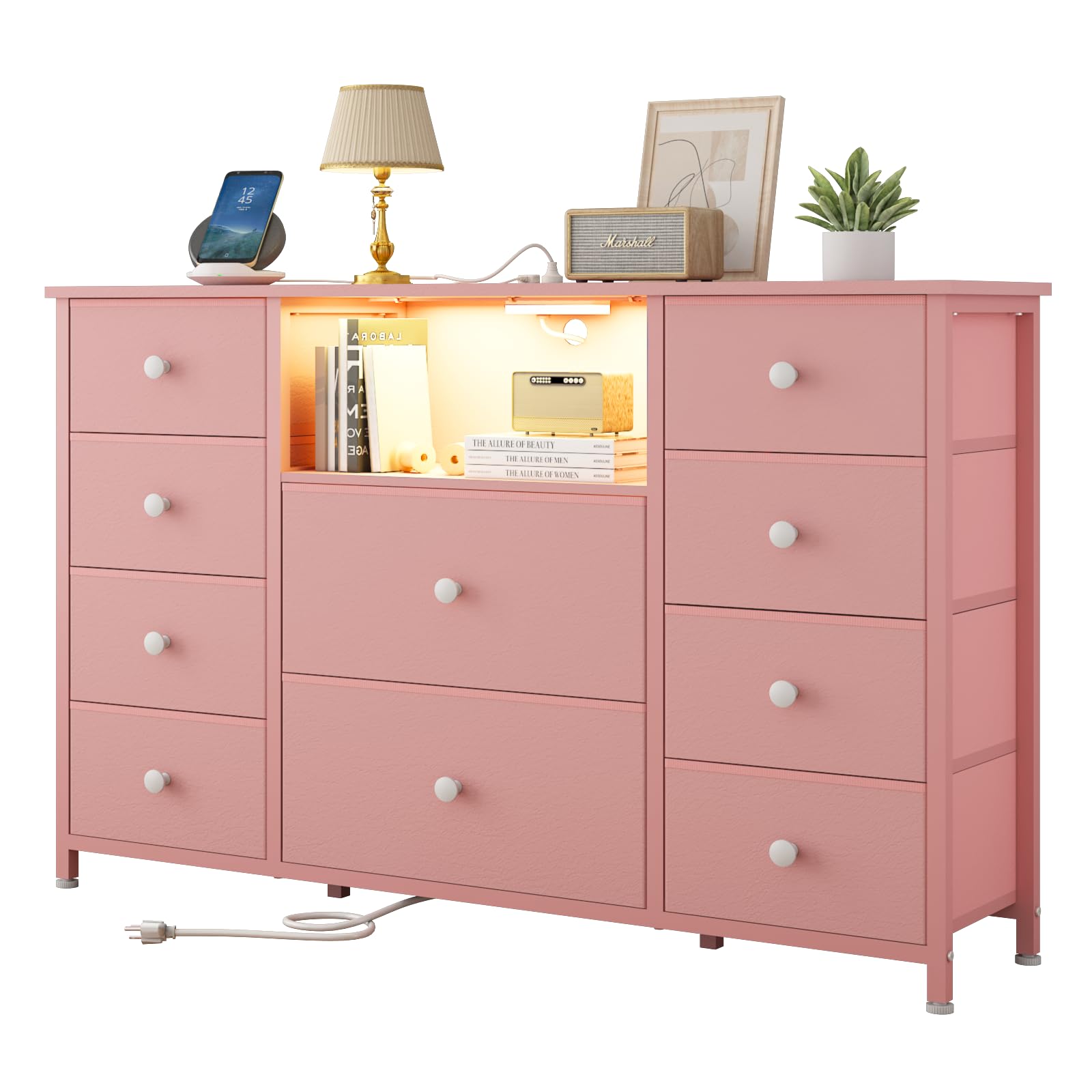 Dresser with Charging Station and LED Lights, Pink Dressers