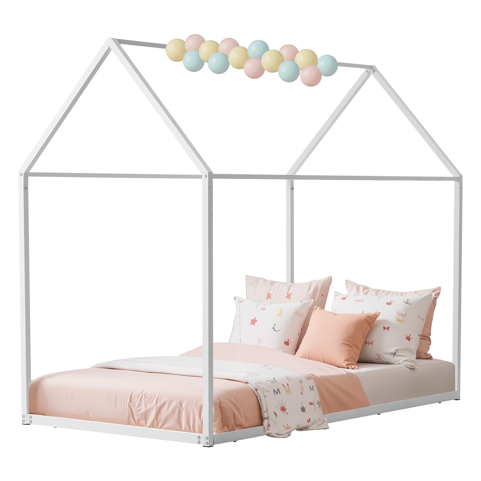 Twin Floor Bed Frame with Roof & Fence Guardrails Metal House Bed for Bedroom
