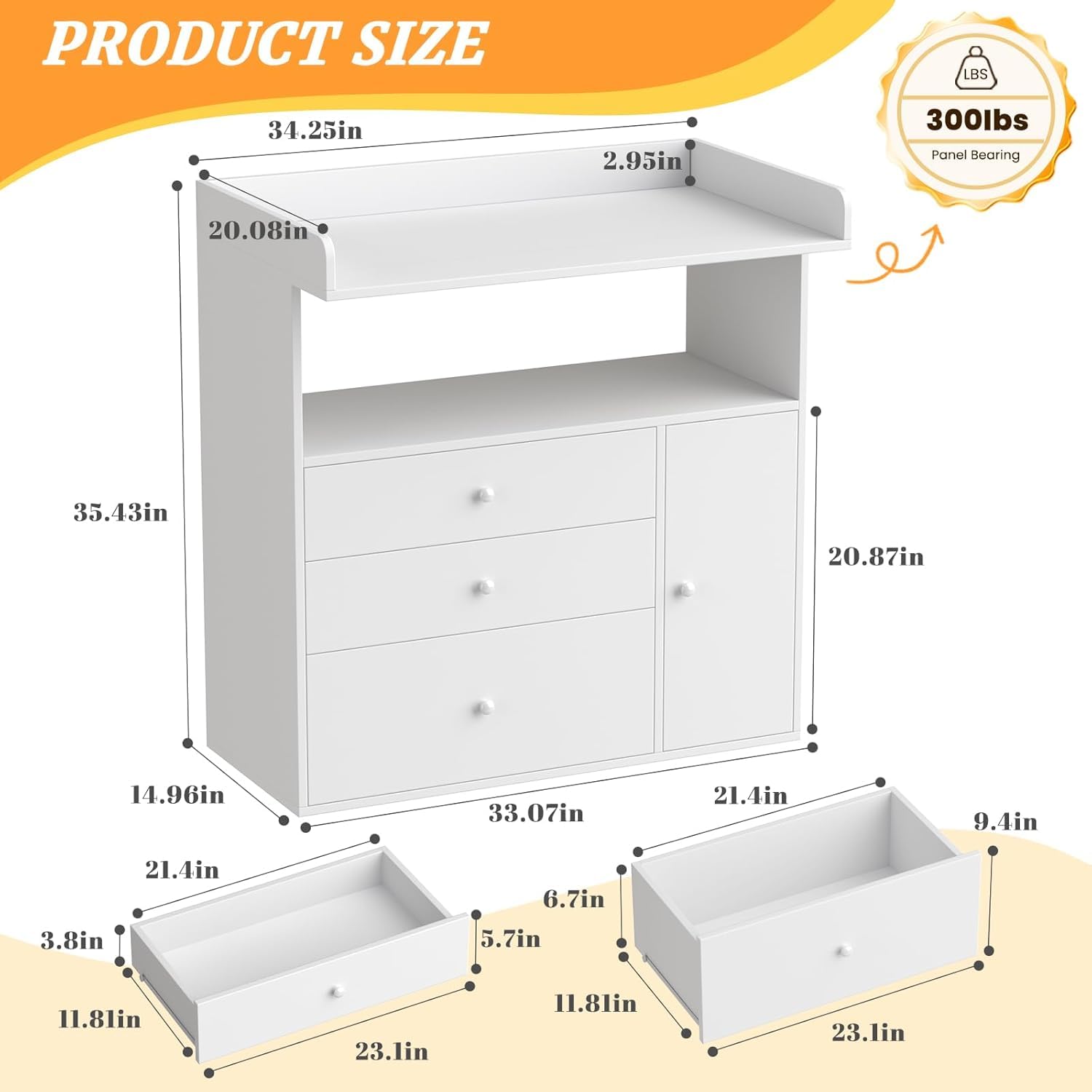 Baby Changing Table Dresser with 3 Drawers and Open Storage