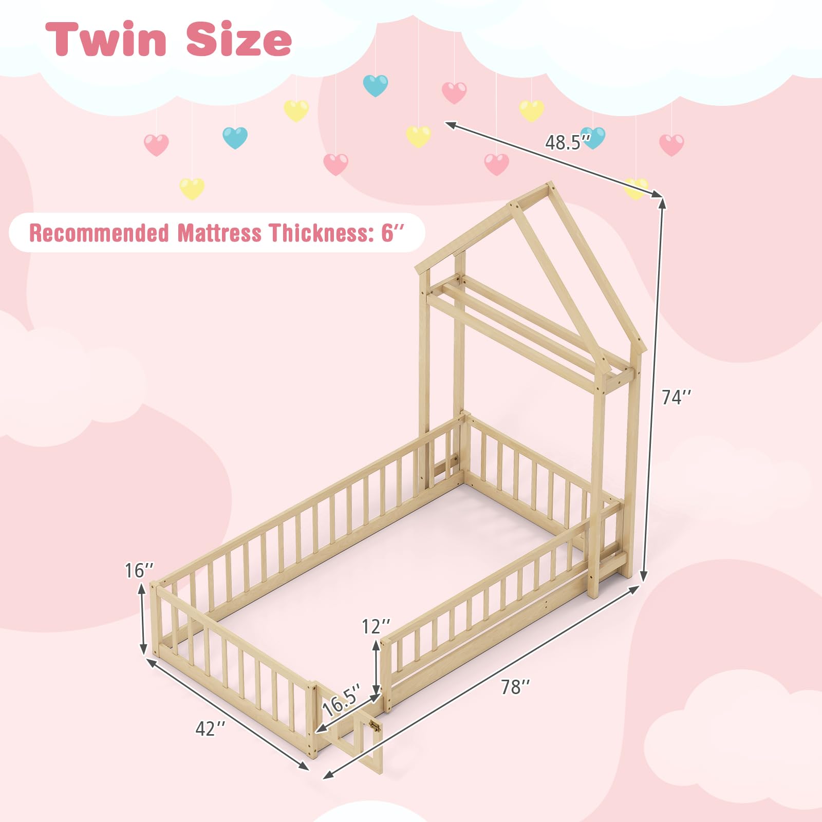 Twin House Floor Bed with Safety Rails and Clothes Hanger