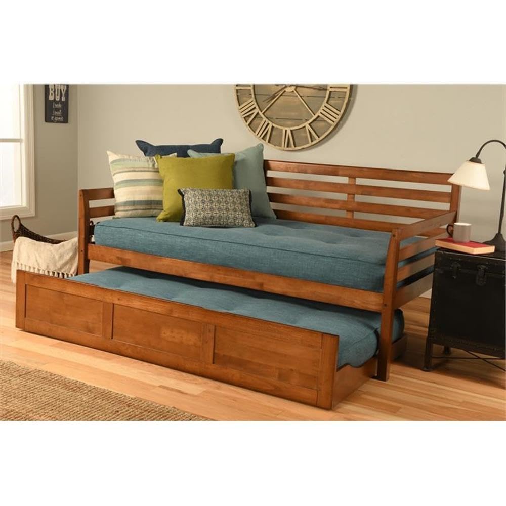 Traditional Wood Twin Daybed with Trundle in Brown-Mattress