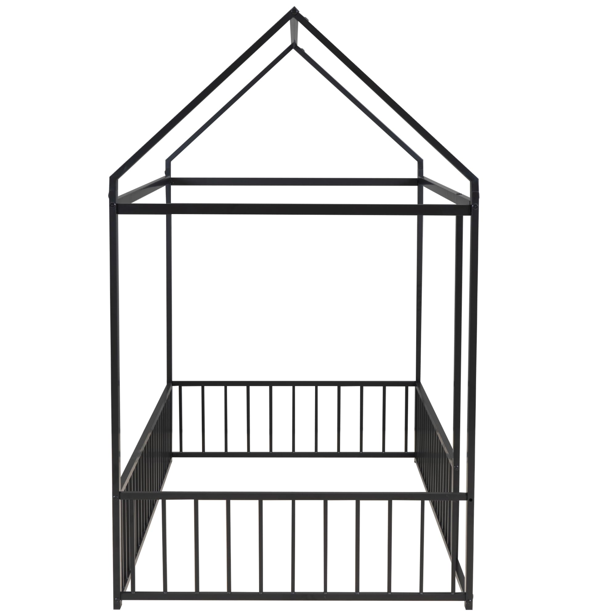 Twin Floor Bed Frame with Fence House Shaped Metal Montessori Bed