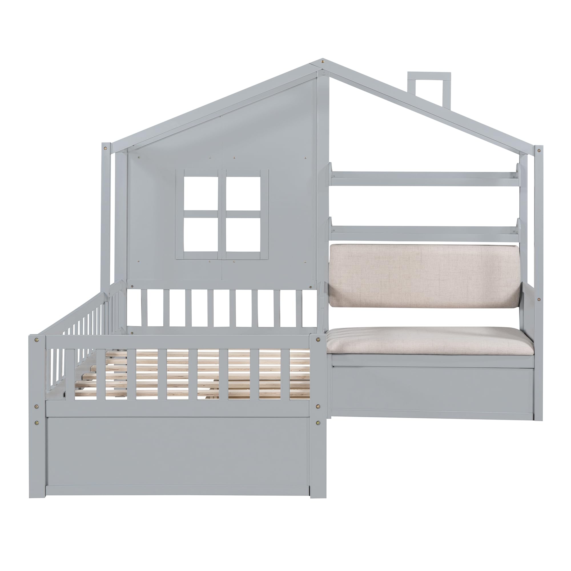 Twin House Bed Frame with Upholstered Sofa and Storage