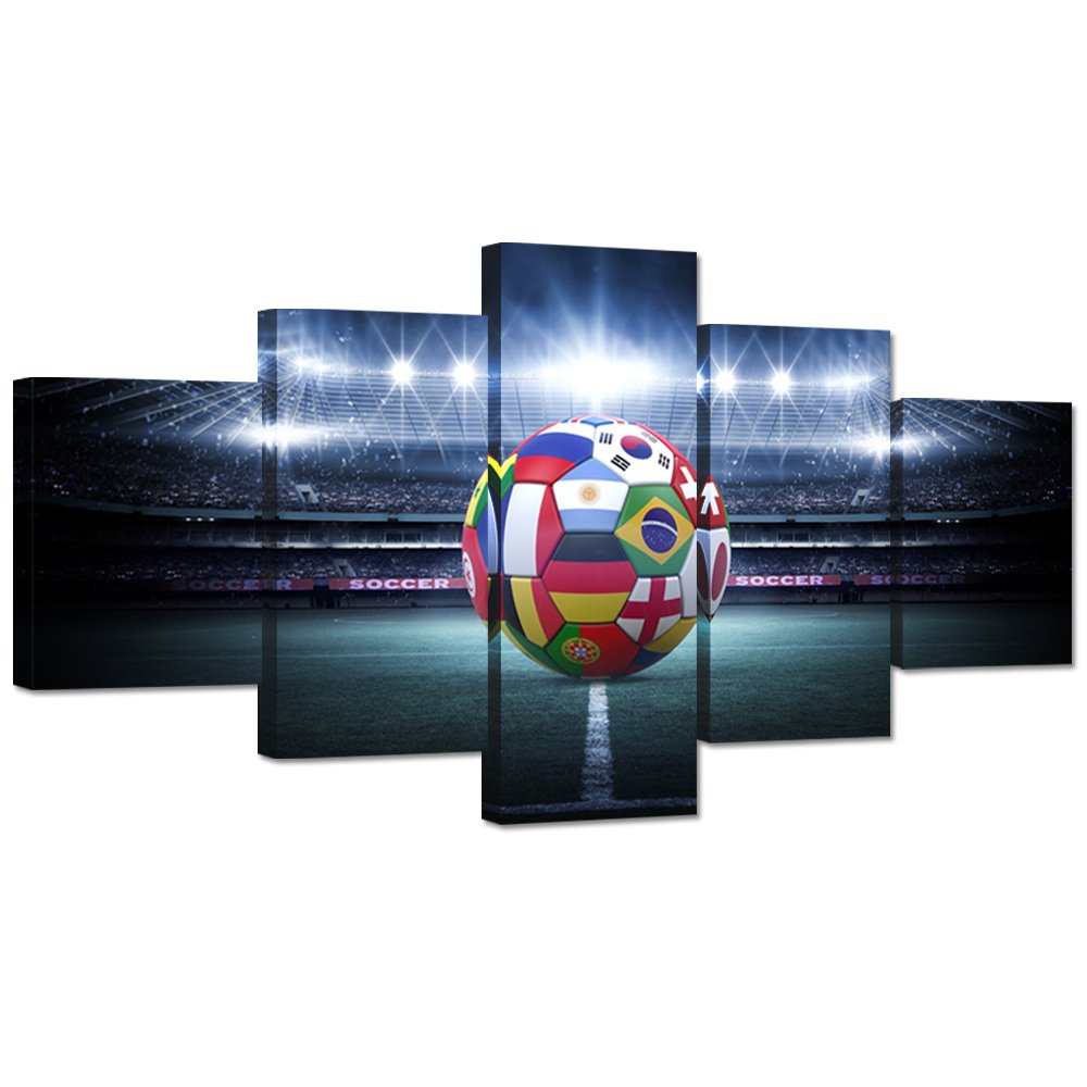 Large 5 Pieces Canvas Wall Art Light Shining Soccer Ball Stadium Close